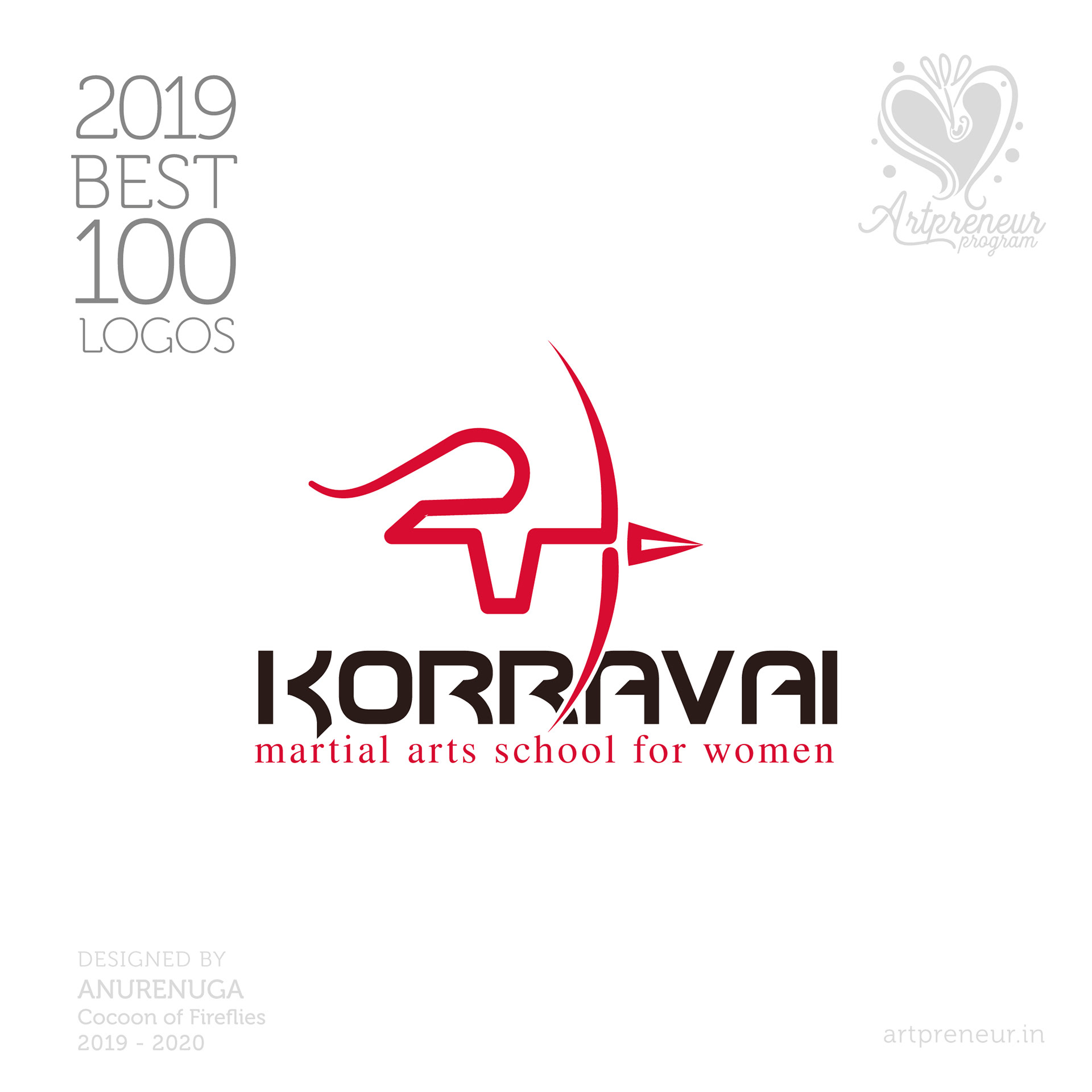 100 best logos of Atma Studios 2019: Korravai martial arts school for women logo with a bow