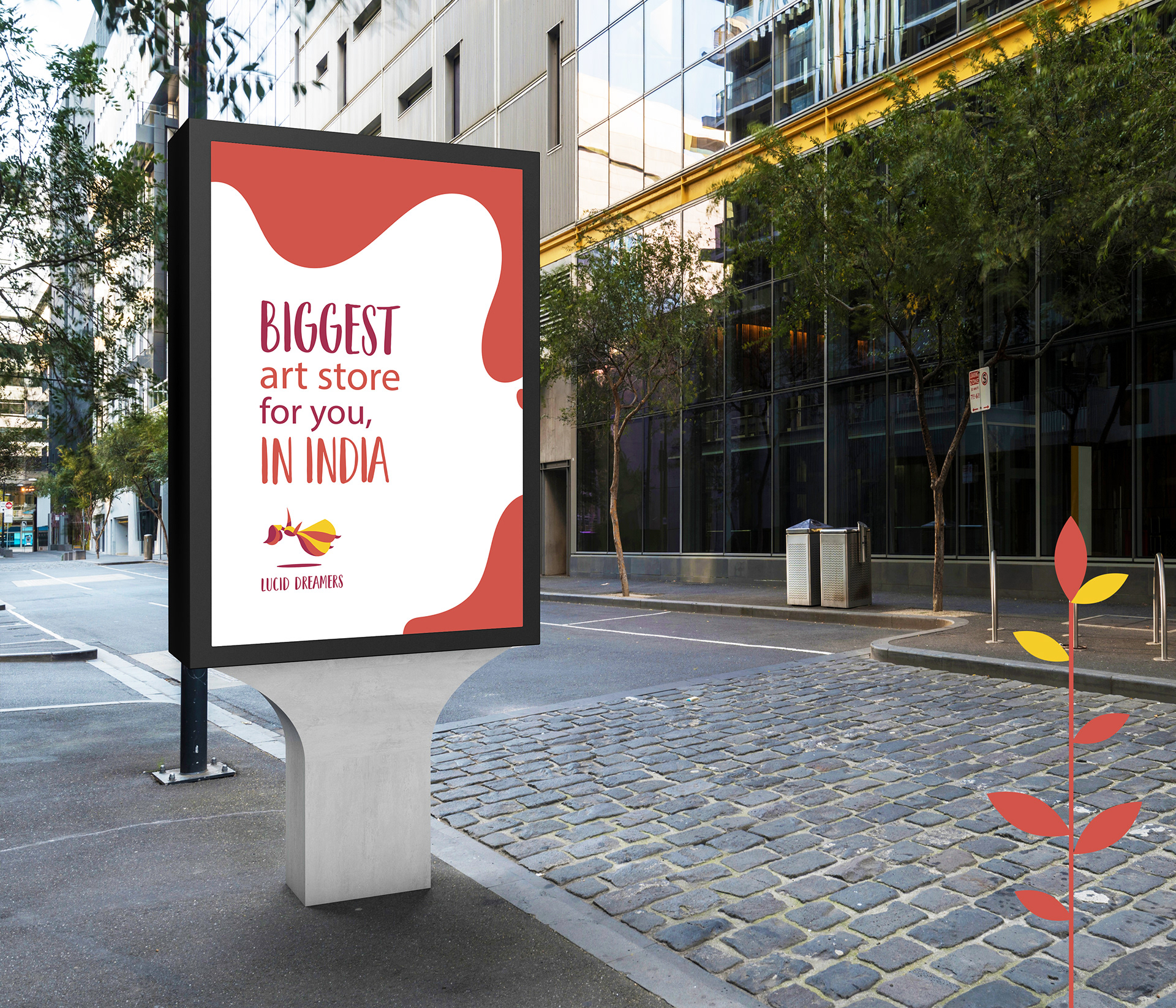Lucid Dreamers art supplies store brand: street billboard reading Biggest Art Store for you, in India