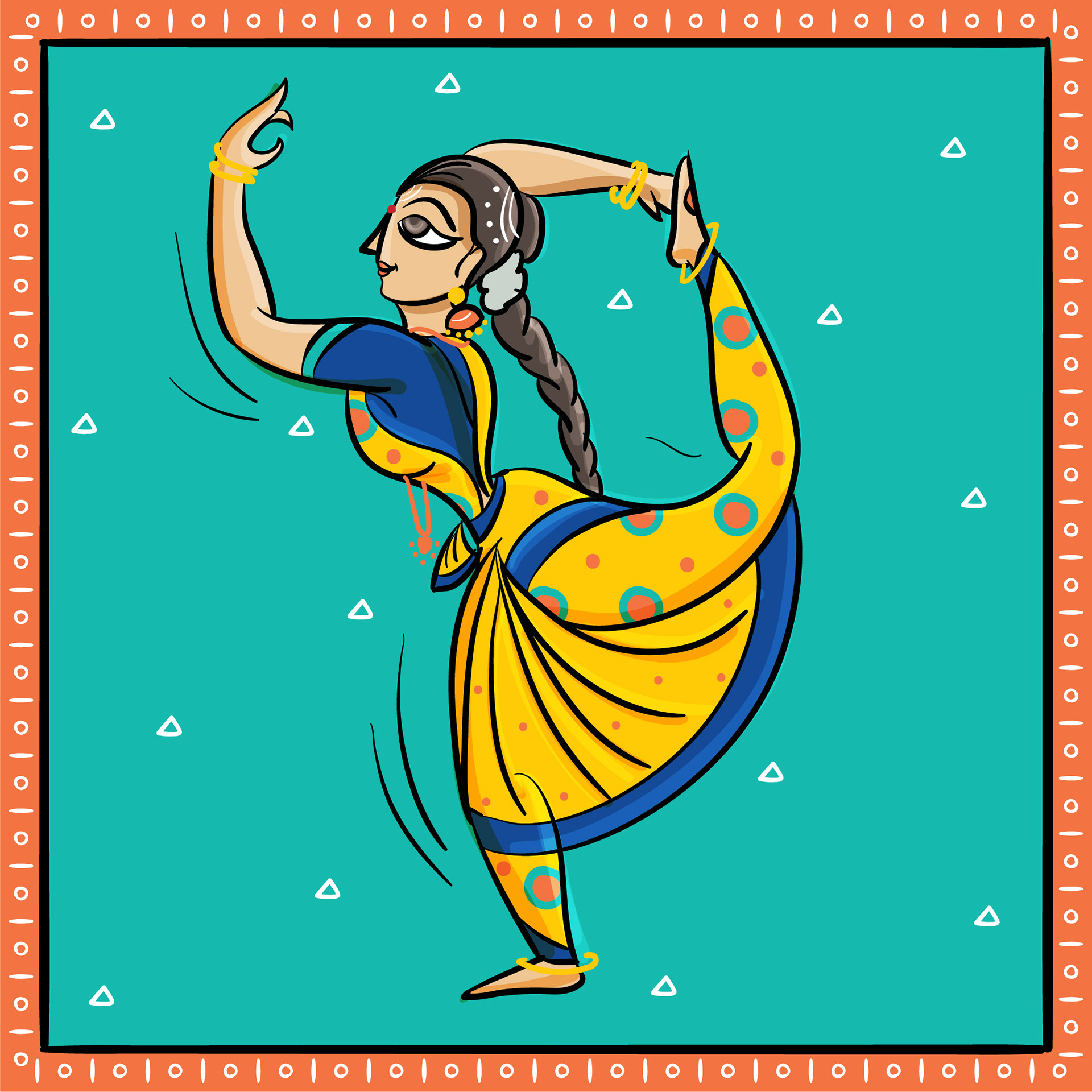 Bengal Pattachitra dancers: #6 Classical Indian dancer on a teal background