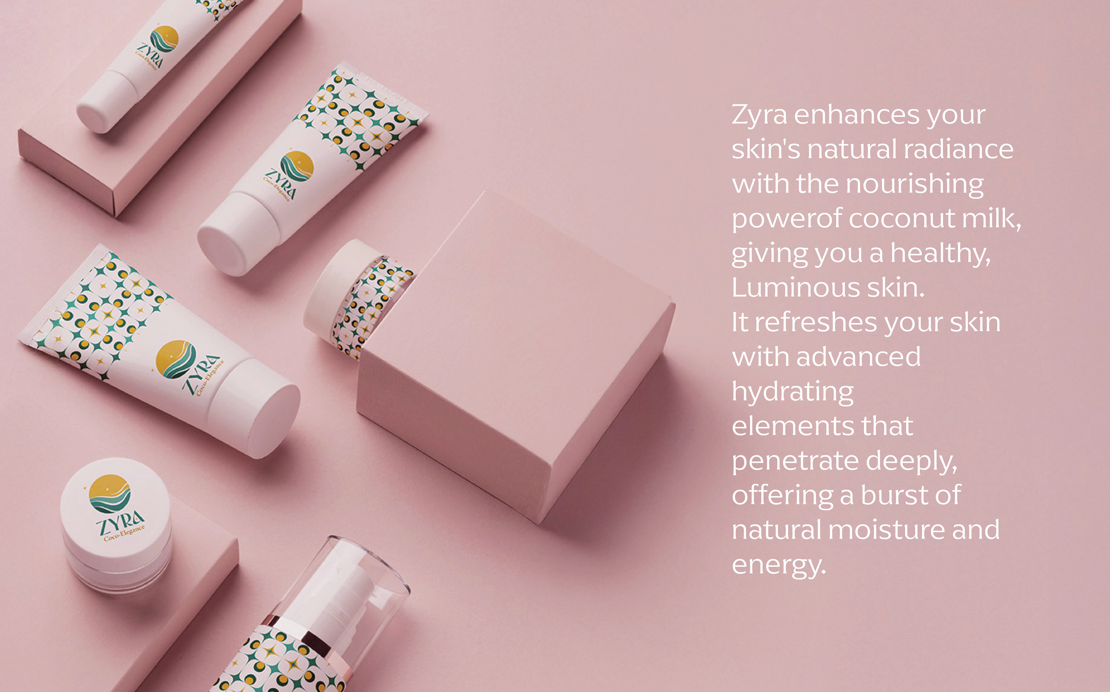 Zyra coconut skincare brand: product range with tubes, jars and box on pink