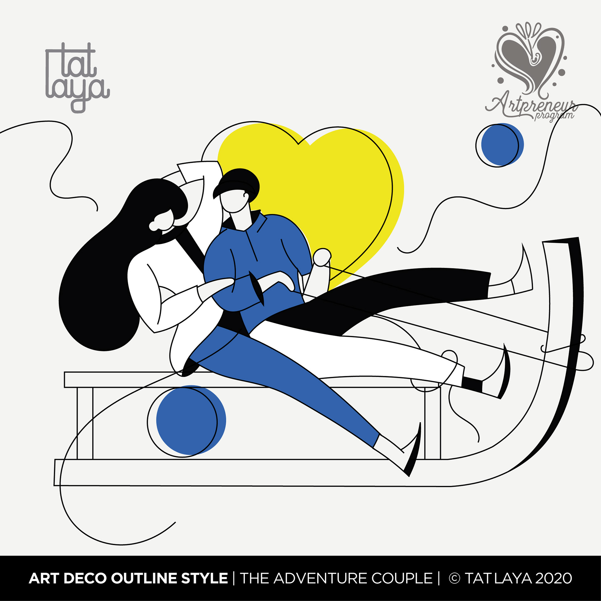 12 types of contemporary couple in Art Deco outline style: #10 The adventure couple