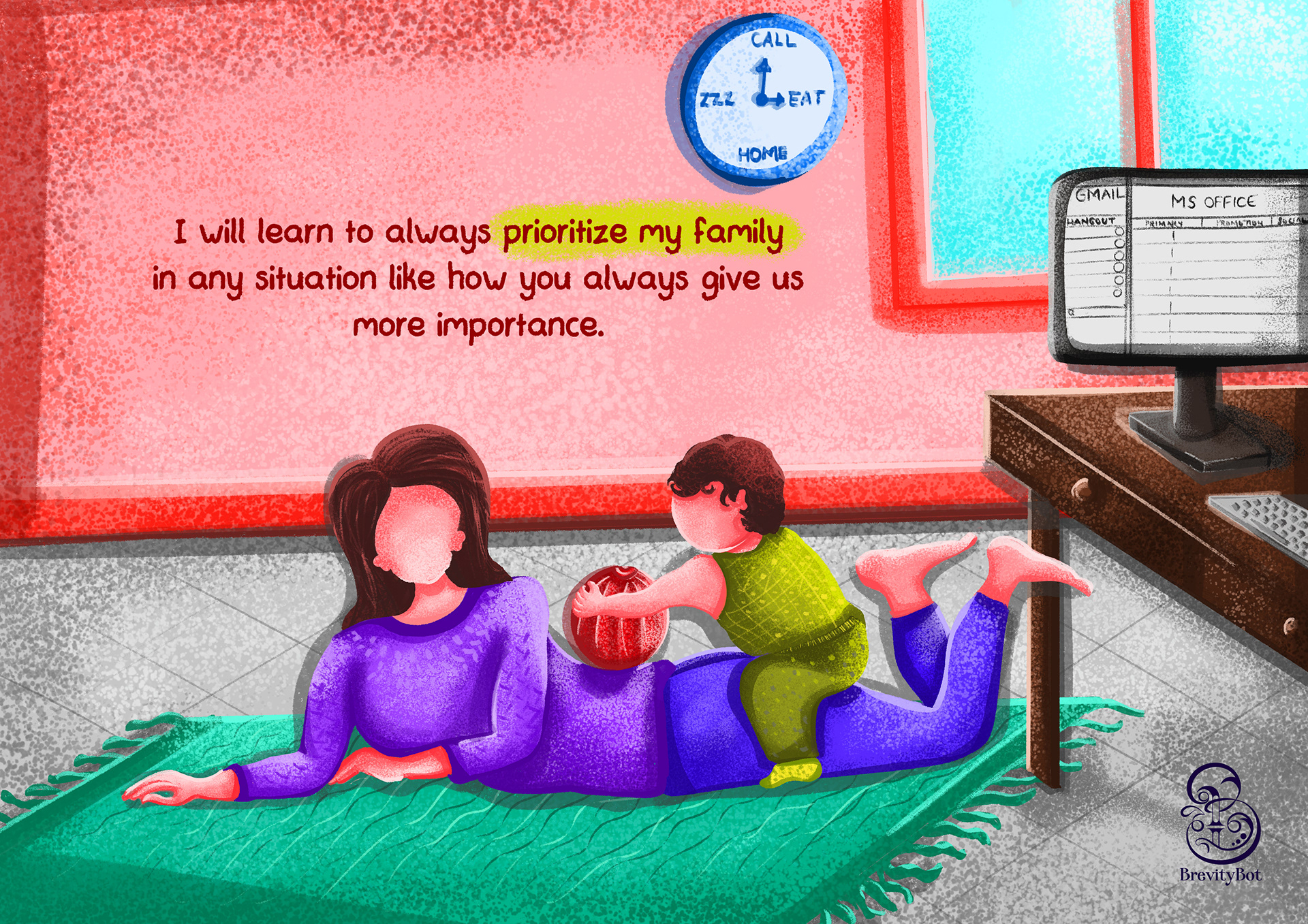 My Precious Mom, a motivational handbook for mothers by Swetha Sridharan: family sitting together on the floor, prioritising family