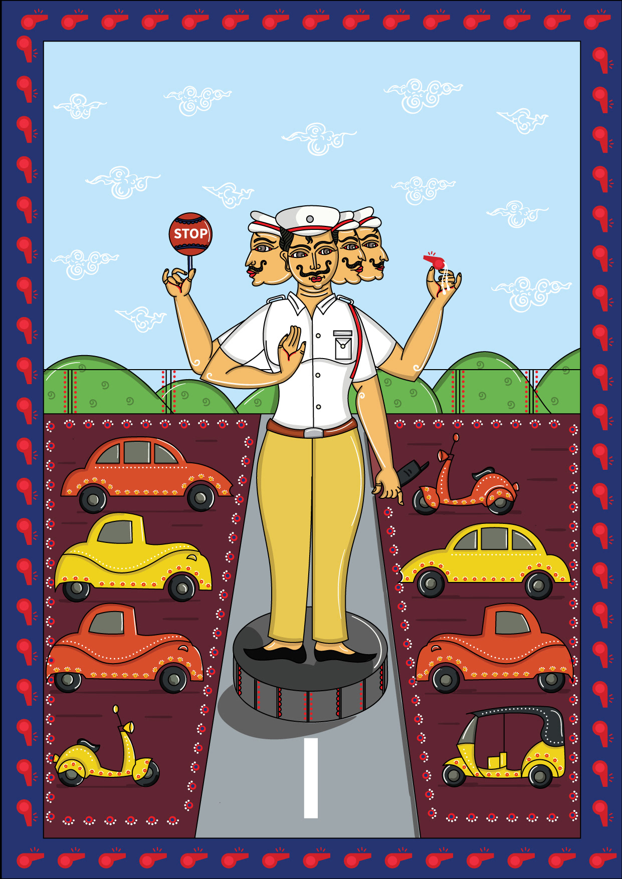 Experimental illustrations 2020: #28 Multi-armed traffic policeman directing cars