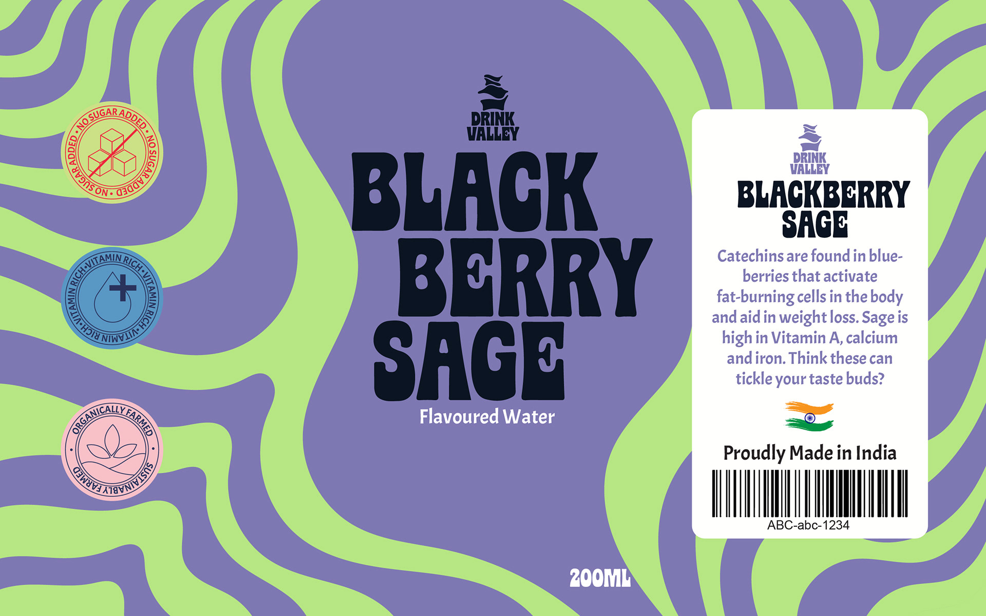 Drink Valley flavoured soda can branding and packaging: Blackberry Sage can label with swirl pattern