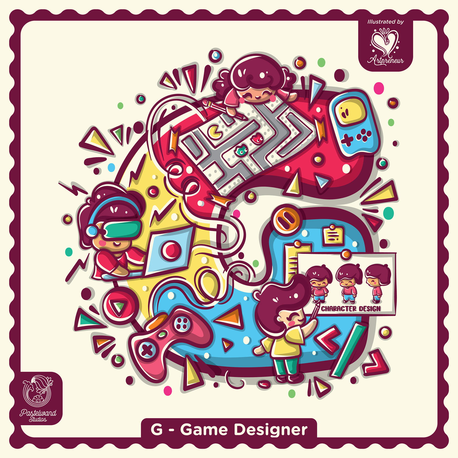 My Little Career ABC children's book: G for Game Designer, an illustrated letter filled with tools and tiny characters