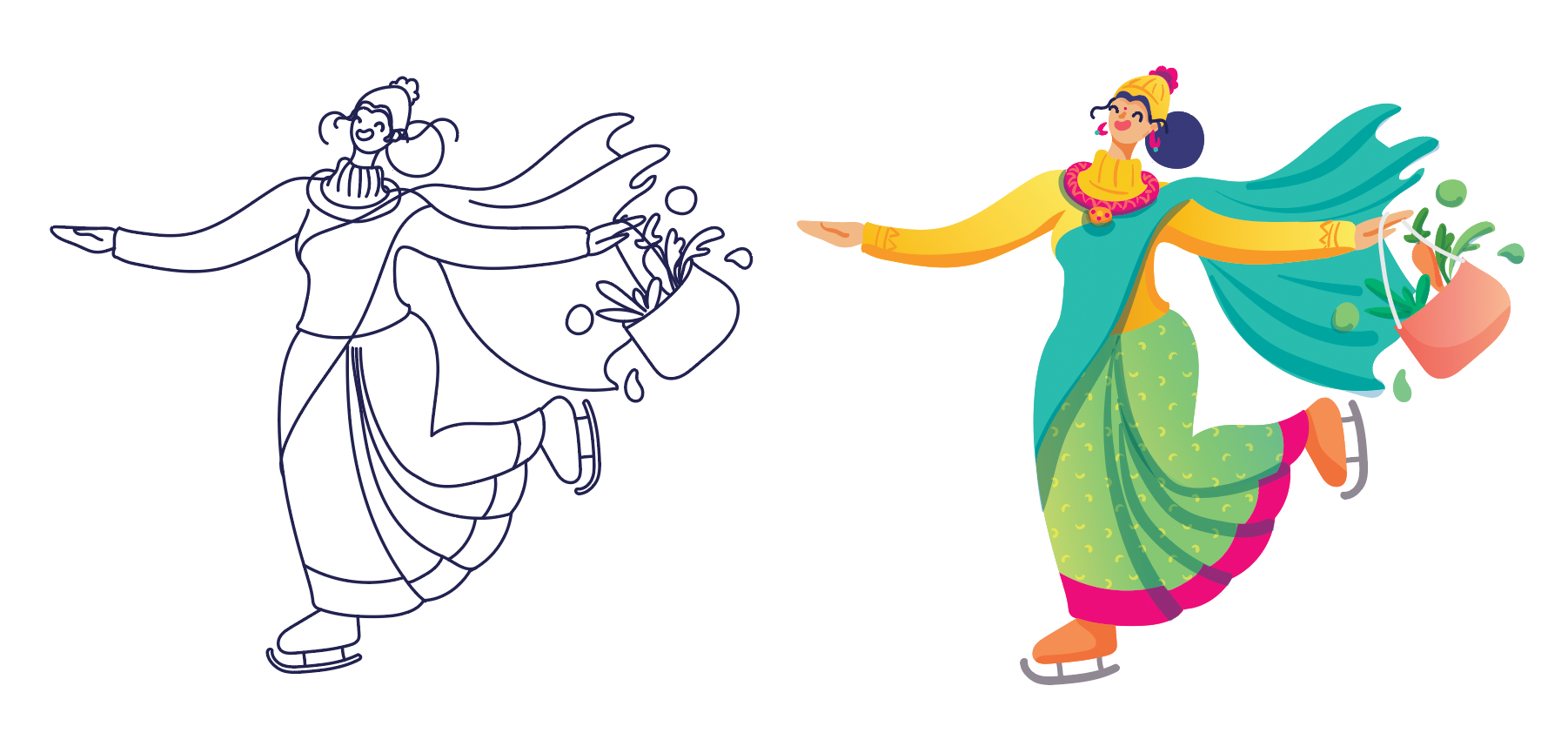 Winter in Chennai illustration series: line art to colour process of a woman skating