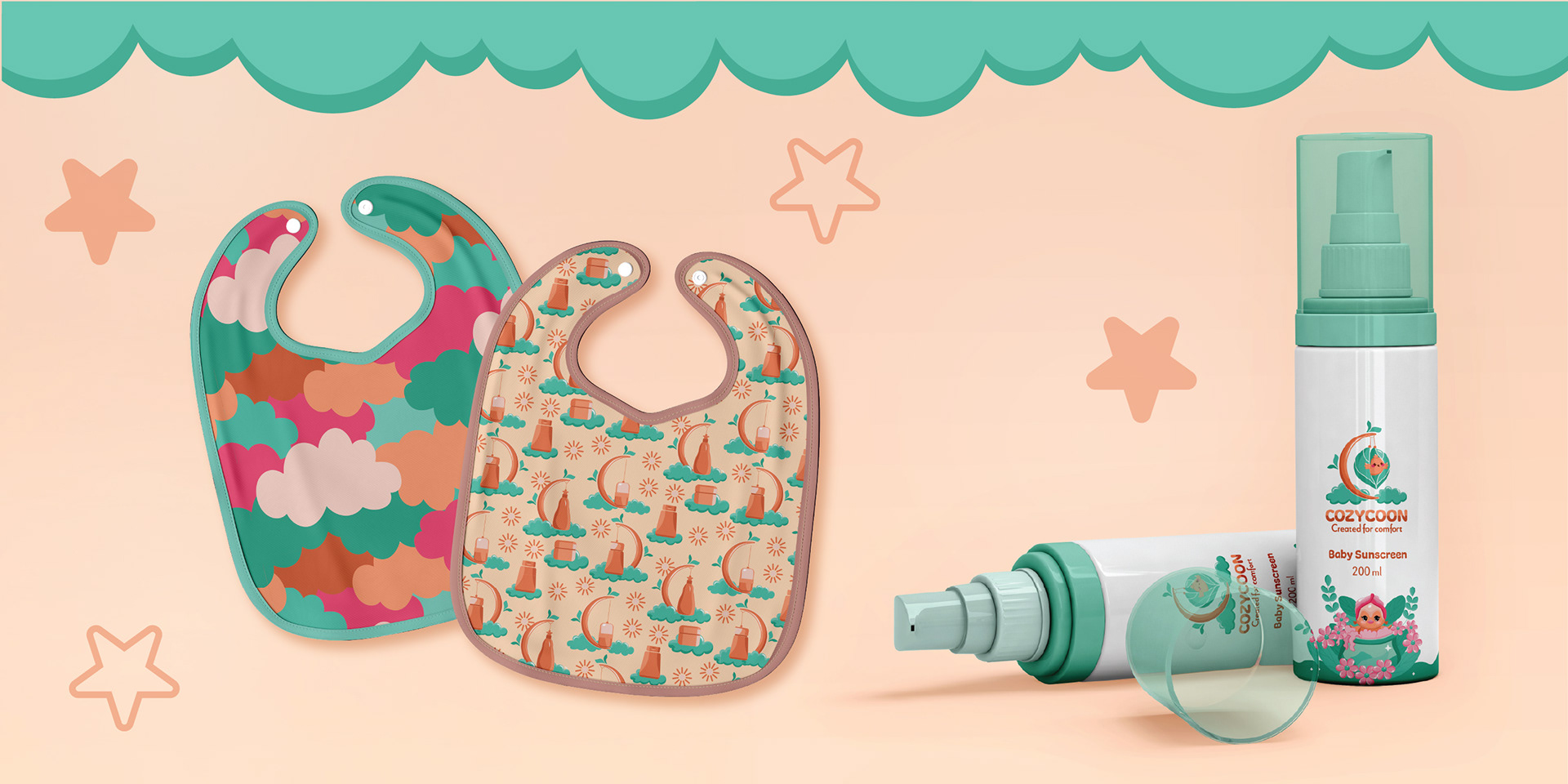 Cozycoon baby skincare brand: printed baby bibs and product bottles