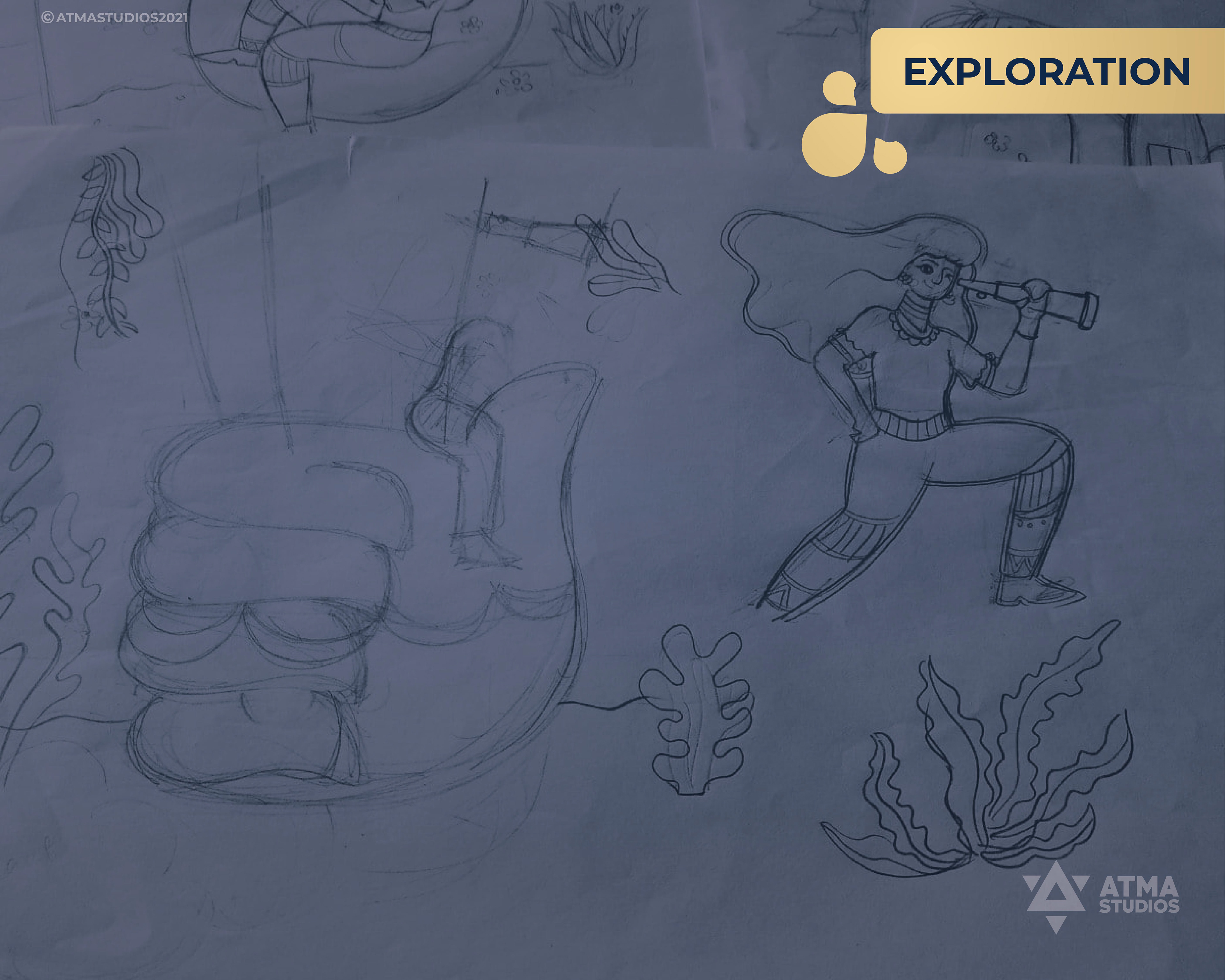 Mughai's Farm Origin Store rebranding: pencil exploration sketches of a woman with a telescope
