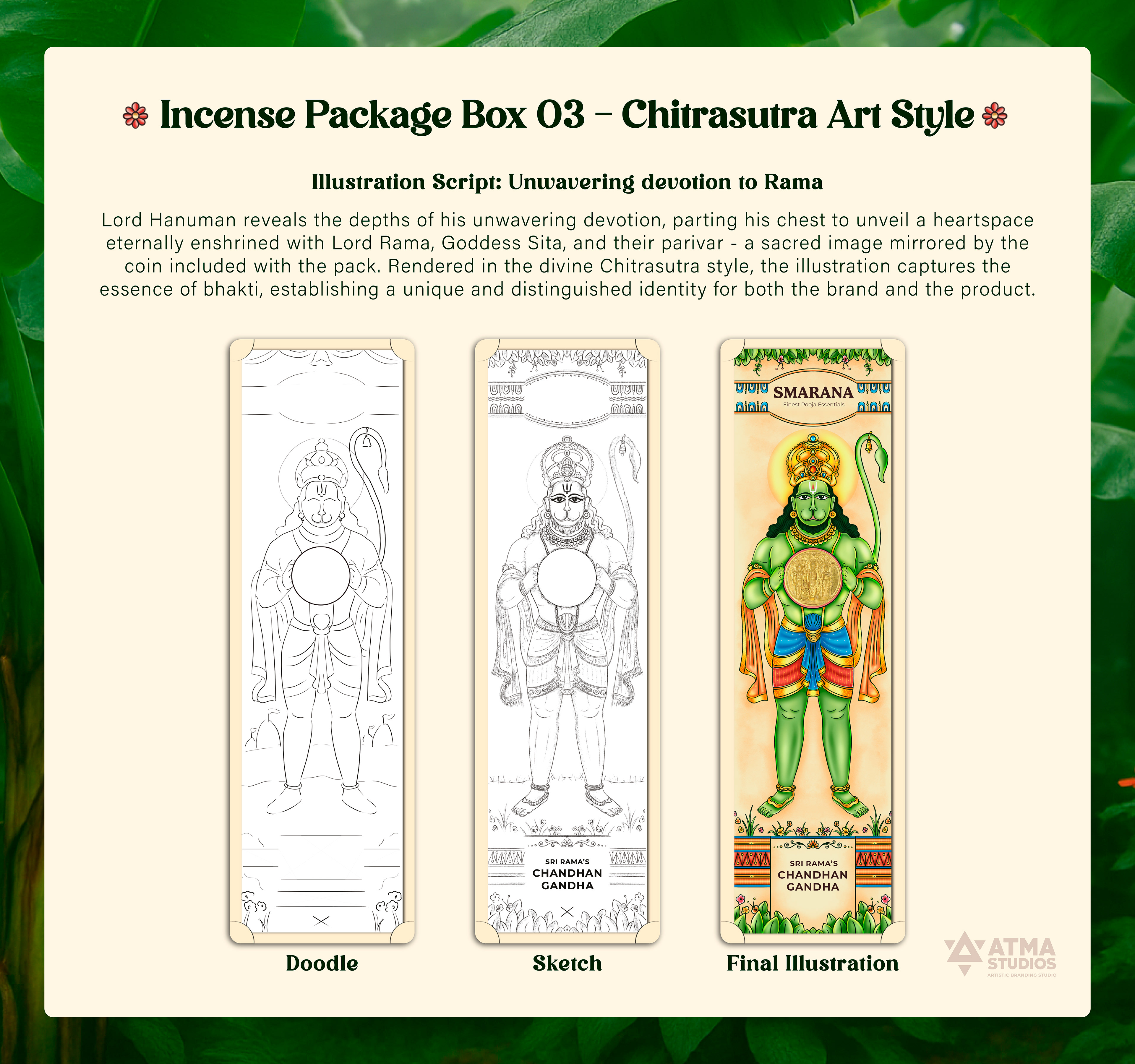 Smarana Lord Rama series incense packaging: incense box 03 in Chitrasutra art style: doodle, sketch and final illustration