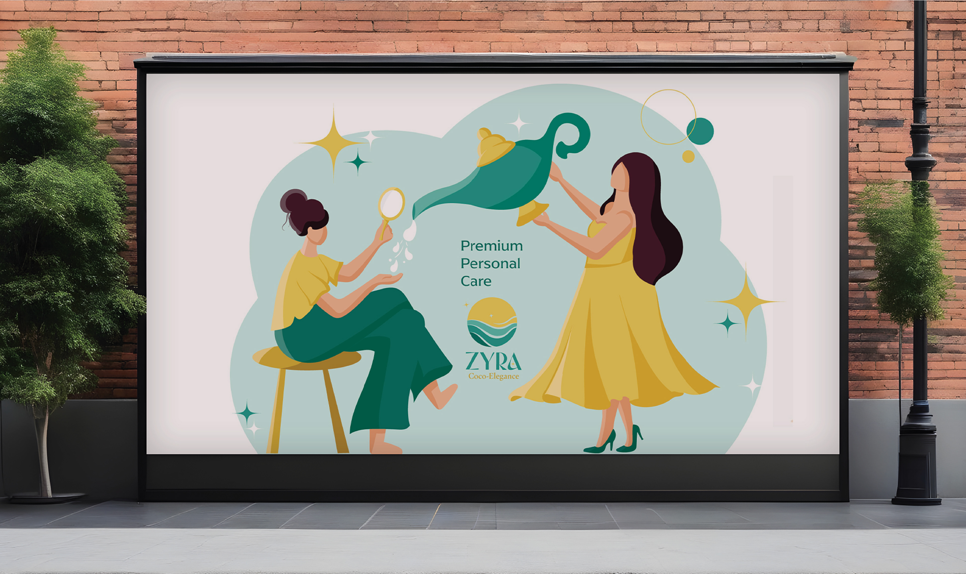 Zyra coconut skincare brand: billboard with brand illustration of two women