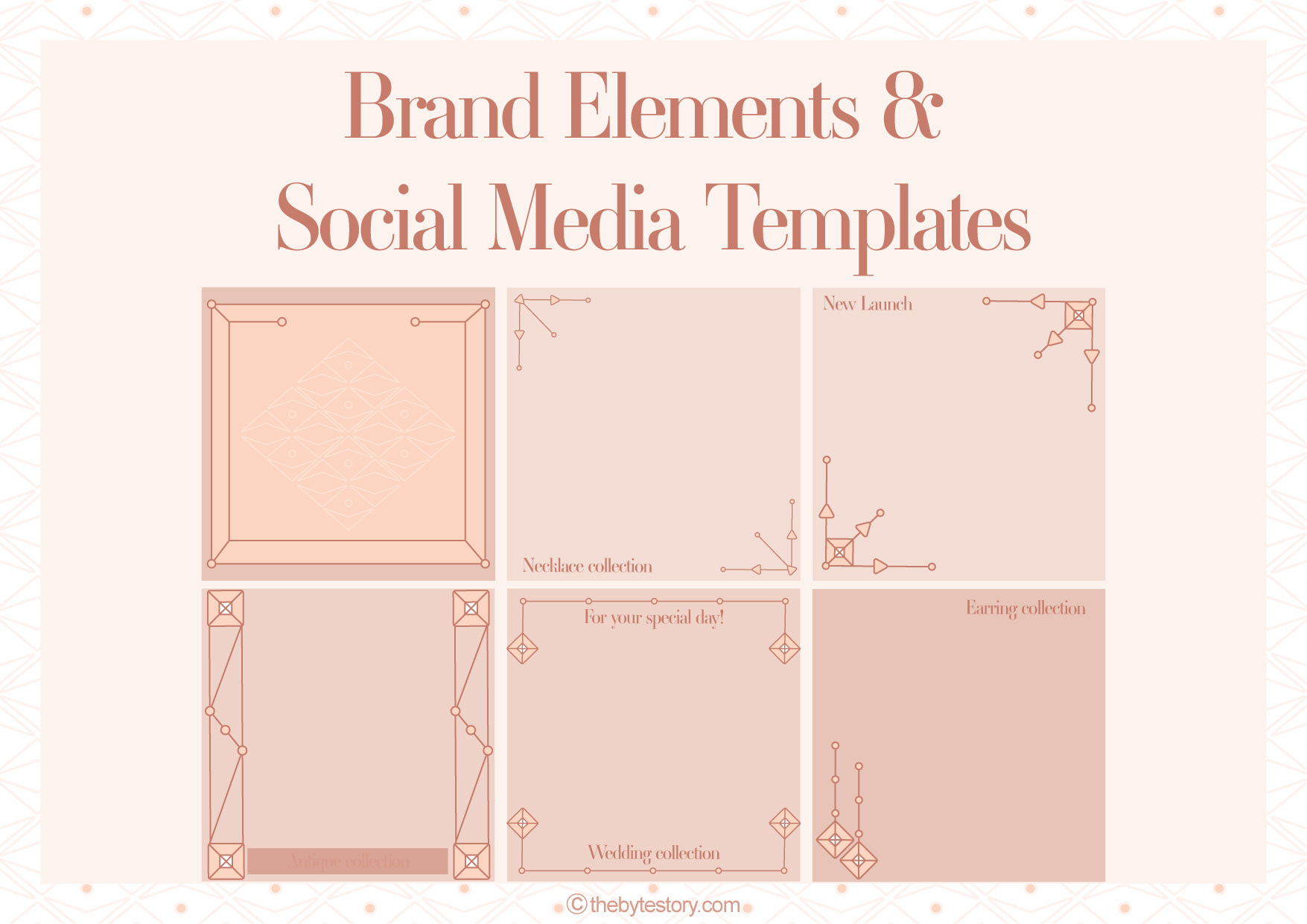 Rani's Treasure luxury jewellery rental brand: brand elements and social media templates in four square layouts
