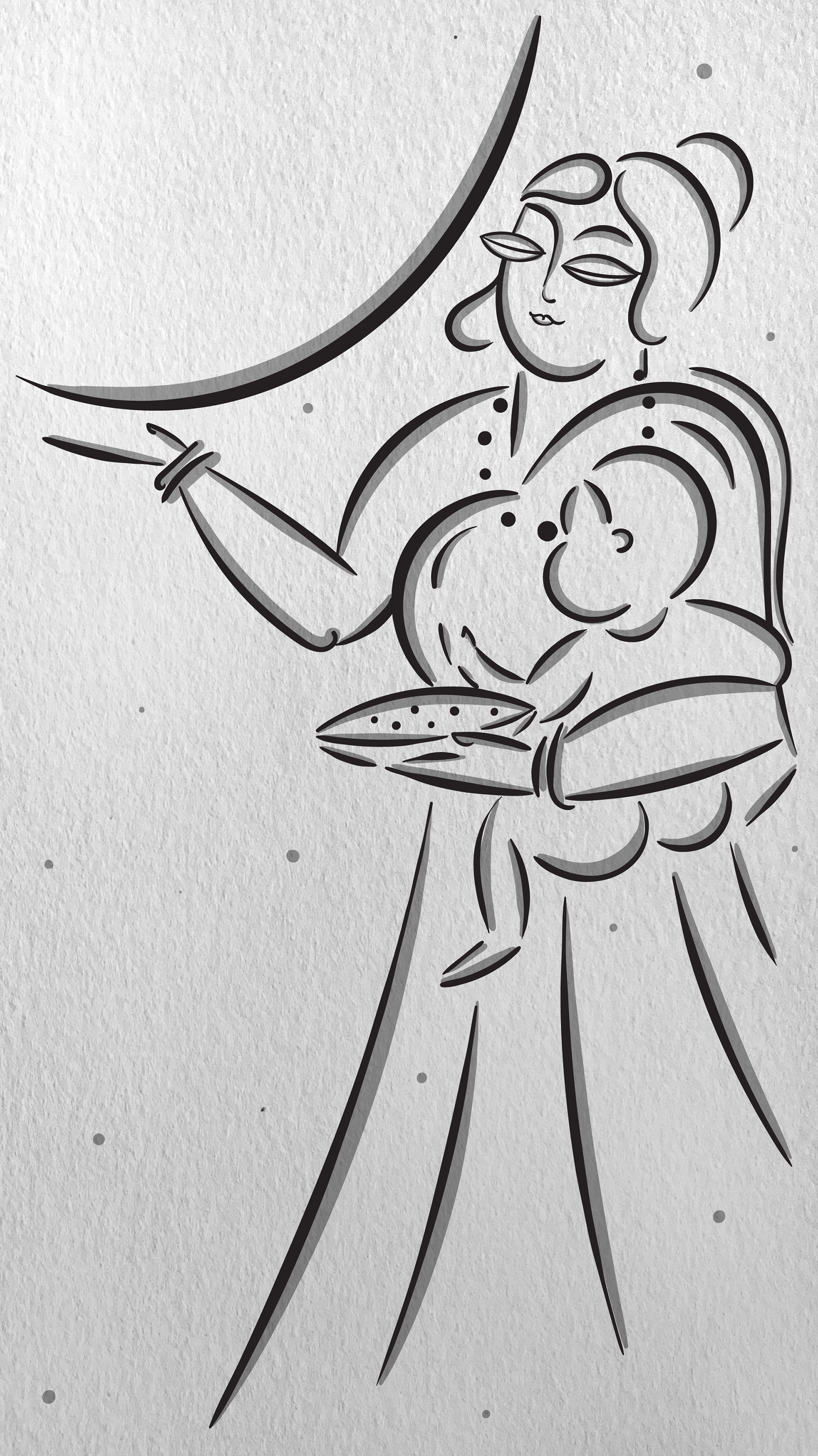 Rebirth of strokes and stories: #1 Mother feeding her child under a crescent moon, embossed line art by Atma Studios