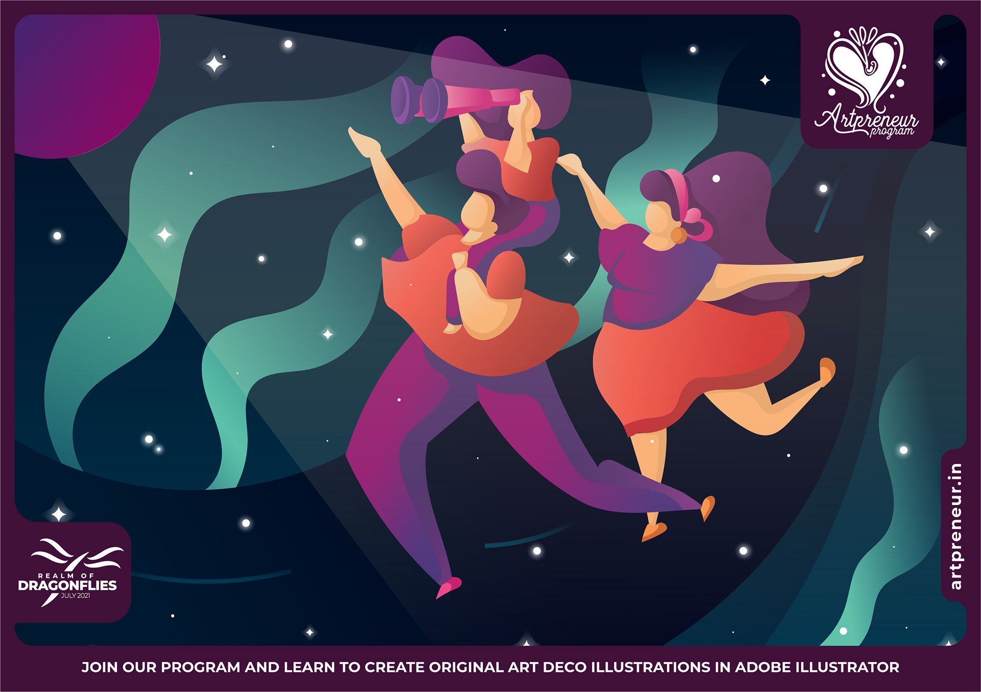 20 Art Deco flat illustrations: #12 Dancers under northern lights