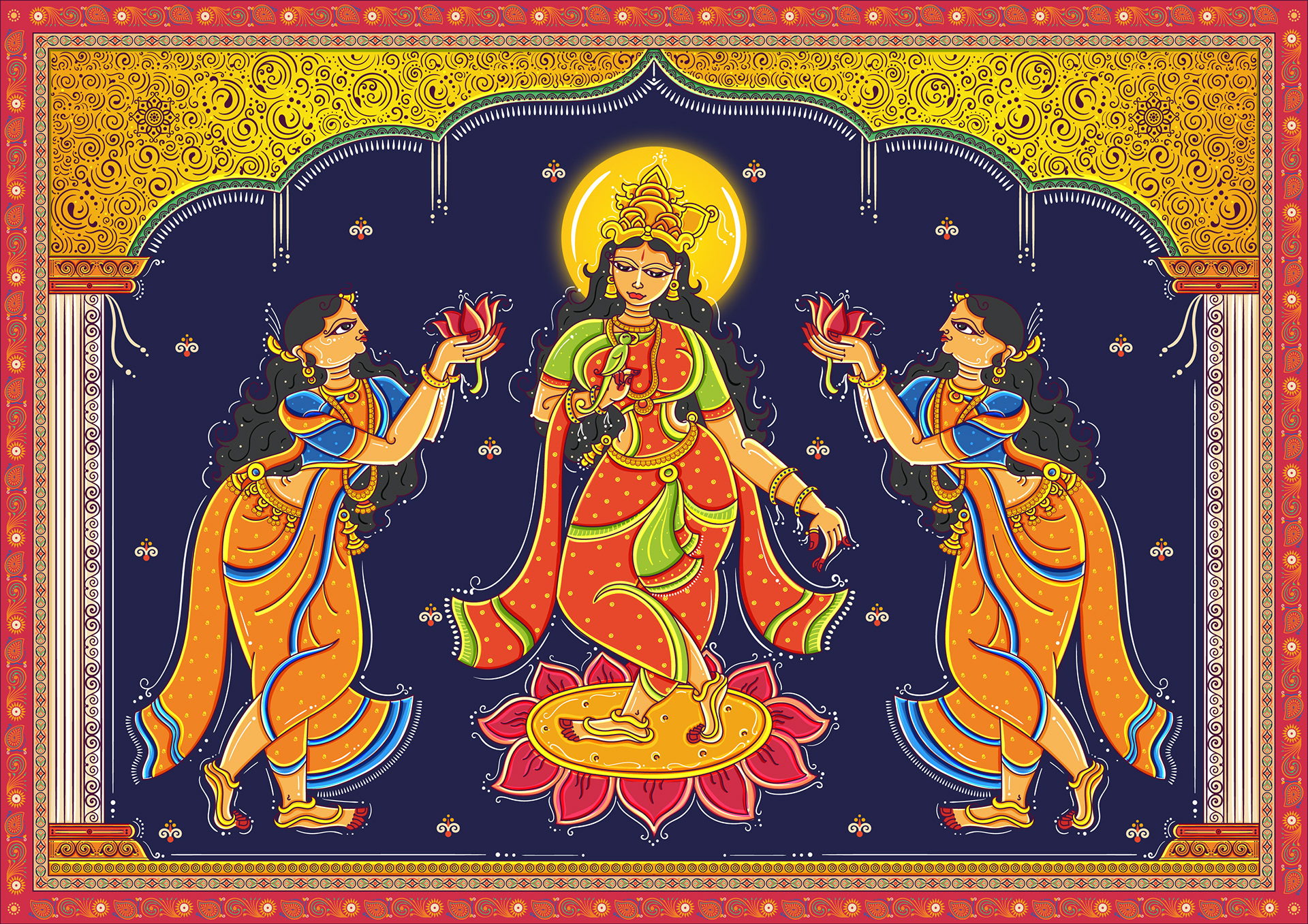 Thiruppavai illustrations part 2 in Orissa Pattachitra style: pasuram illustration with Tamil lettering: Andal flanked by devotees
