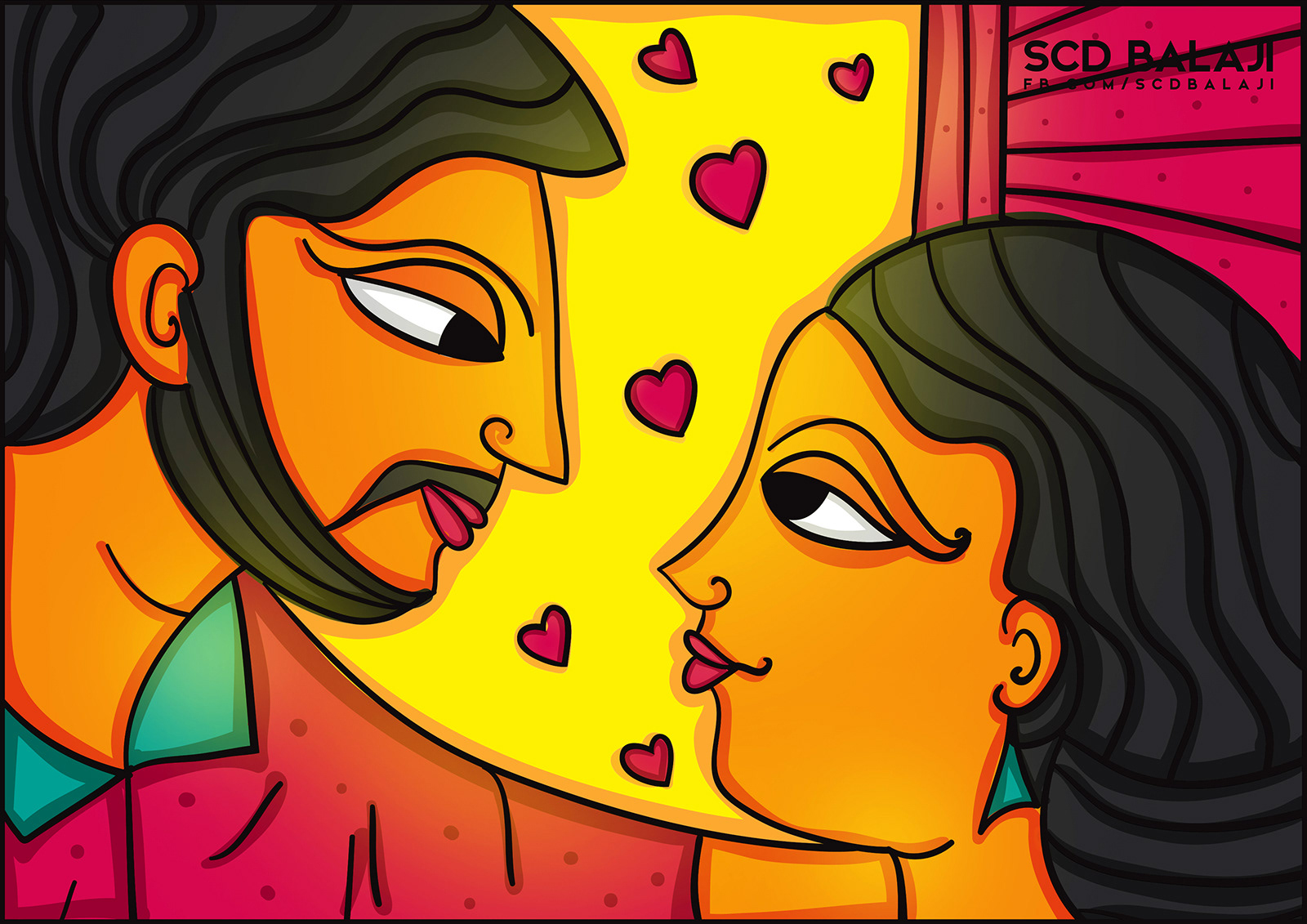 50 contemporary Indian folk art illustrations: #13 Couple sharing a kiss