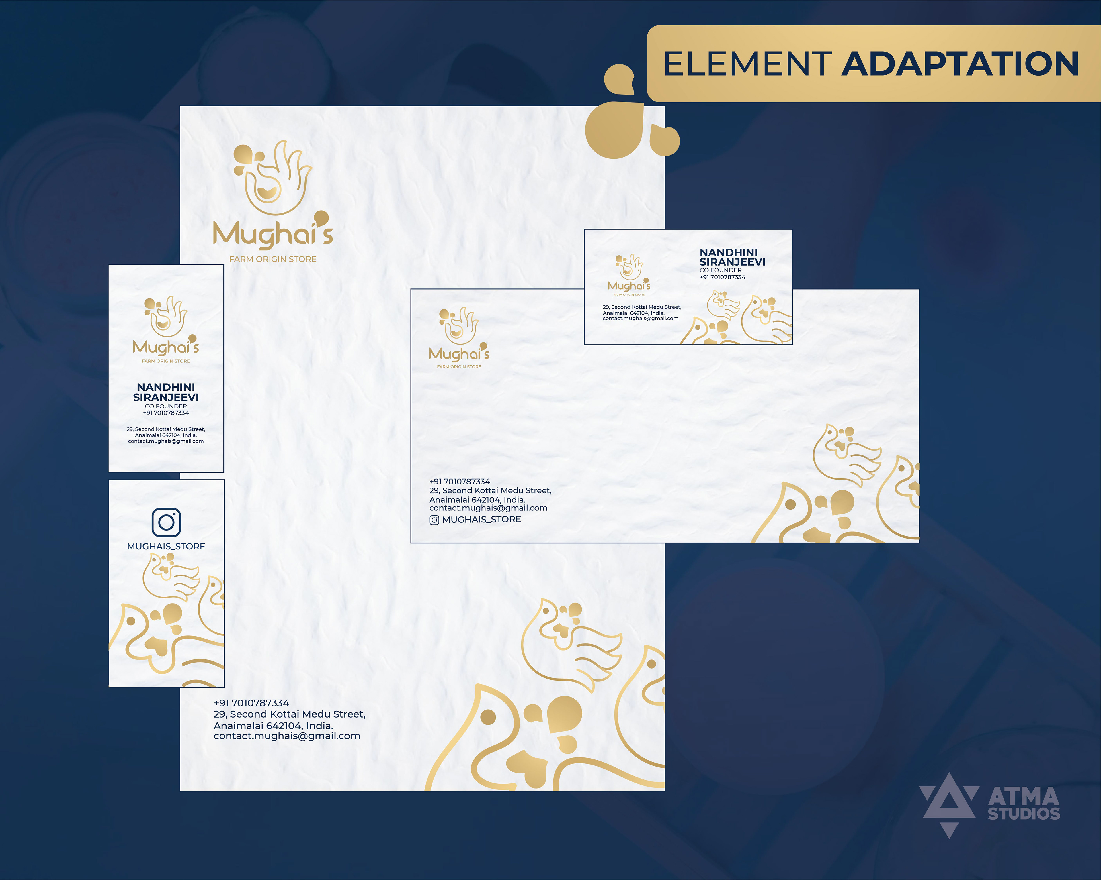 Mughai's Farm Origin Store rebranding: brand element adaptation on white stationery