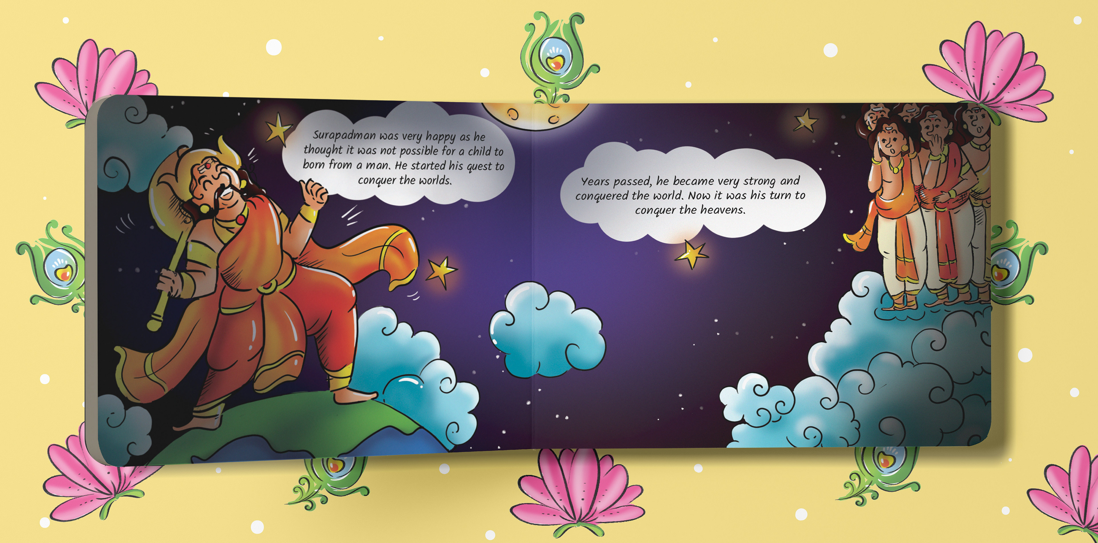 Kandha children's mythological story book on Lord Murugan: spread of Murugan with a storyteller among clouds