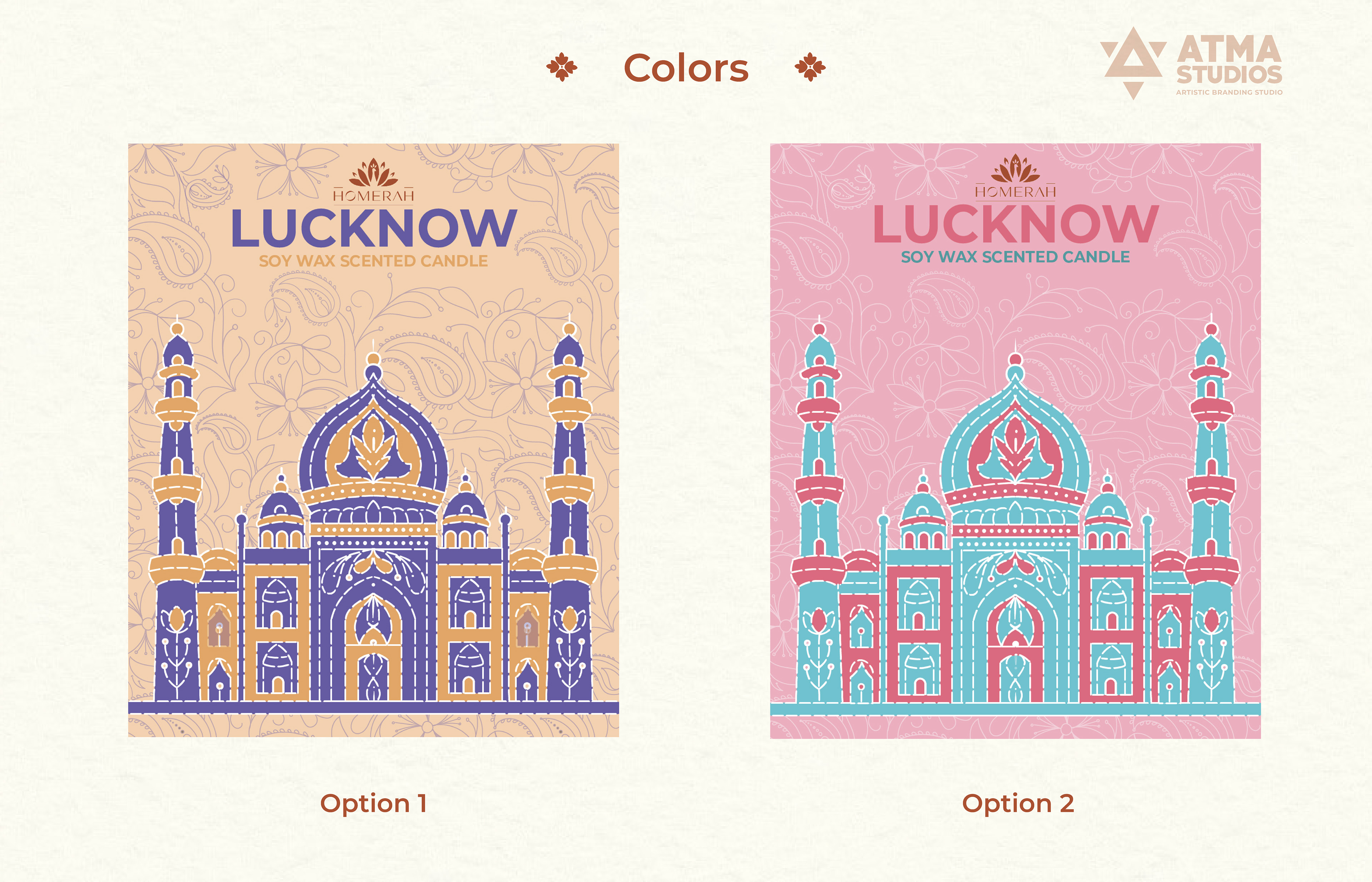 Homerah premium lifestyle candle and incense package design: Lucknow label colour options in two colourways