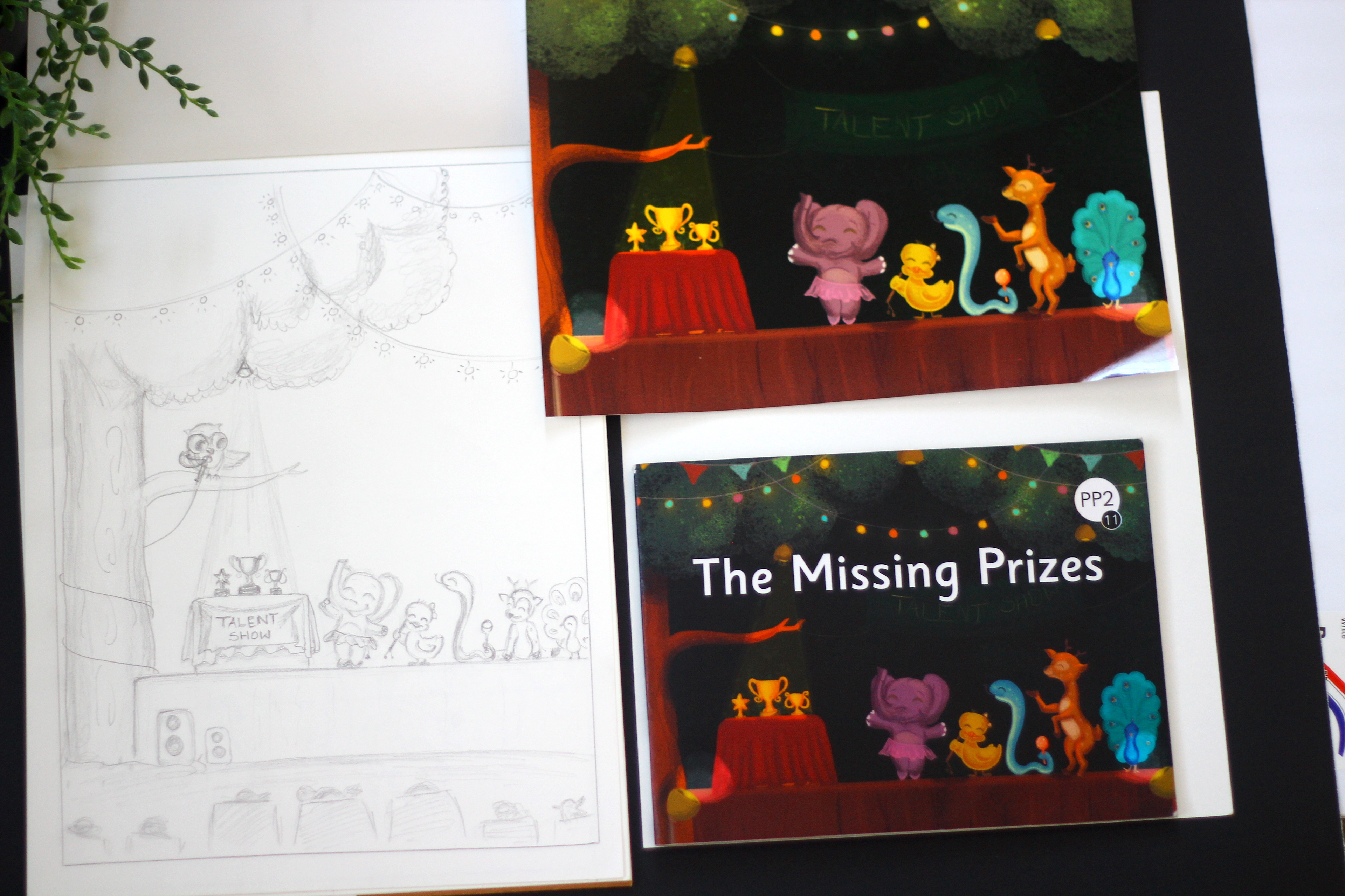The Missing Prizes children's book: sketch beside the printed cover and spread