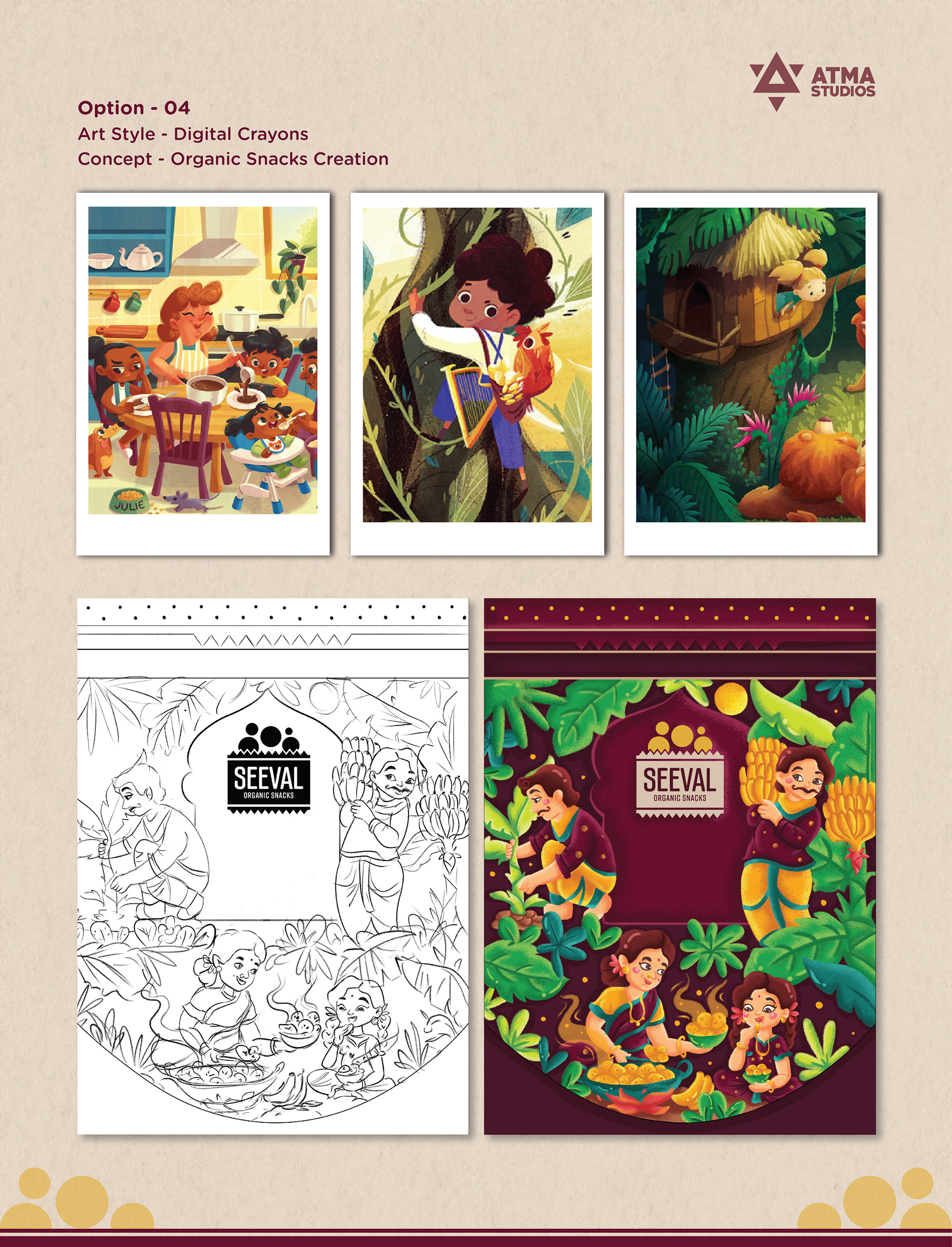 Seeval organic snacks brand: package design option 4 with illustration references, sketch and coloured artwork