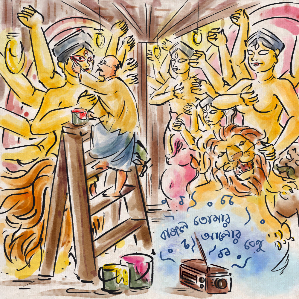 Durga Puja in watercolour: #1 Artisans sculpting the Durga idol, watercolour illustration by Atma Studios
