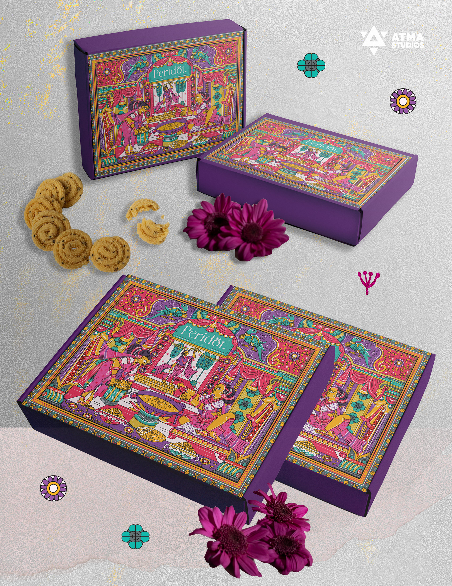 Peridot Diwali sweet box package design: stacked sweet boxes with murukku and flowers