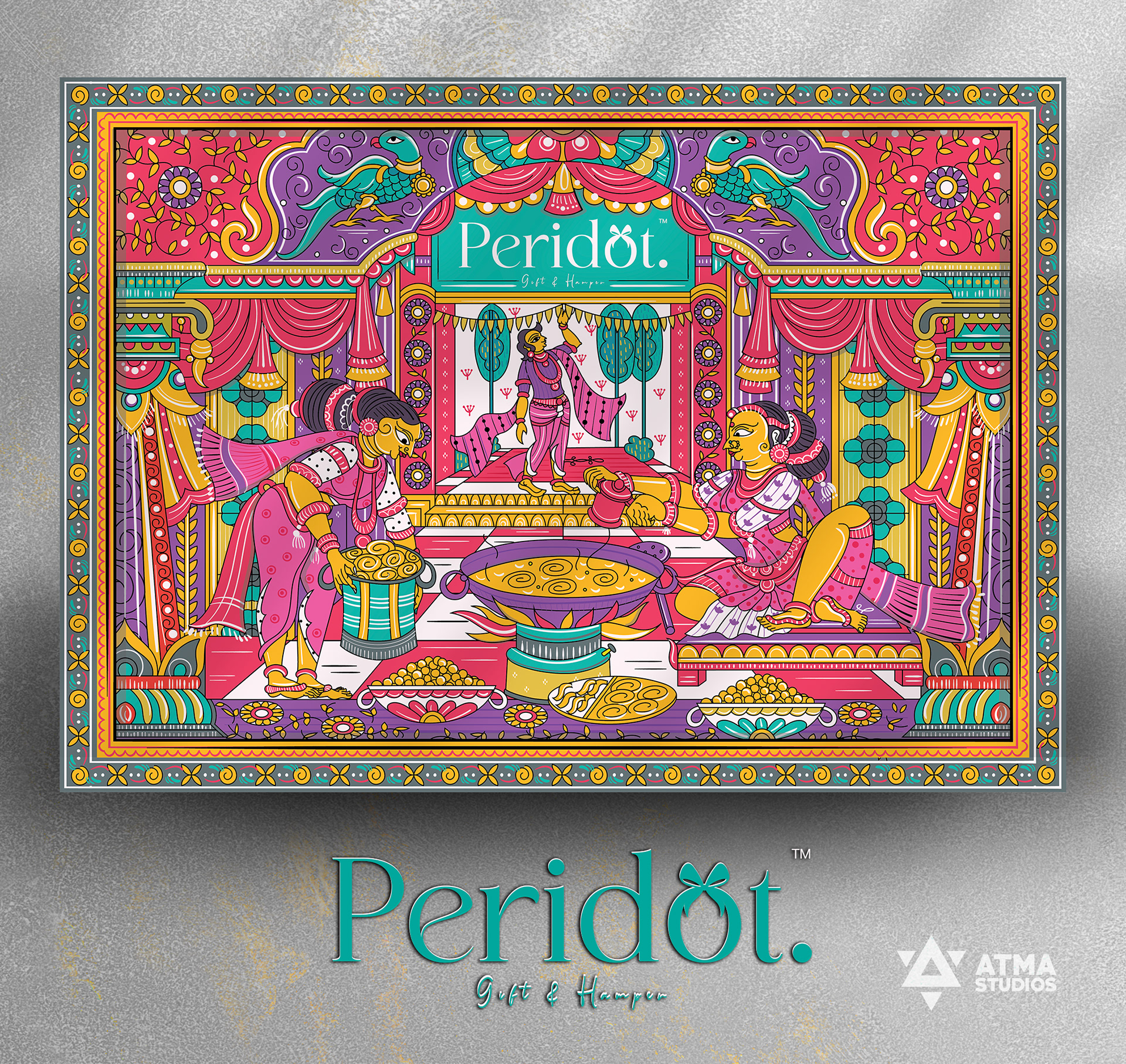 Peridot Diwali sweet box package design: Pattachitra style sweet box with the Peridot logo, package design and illustration by Atma Studios