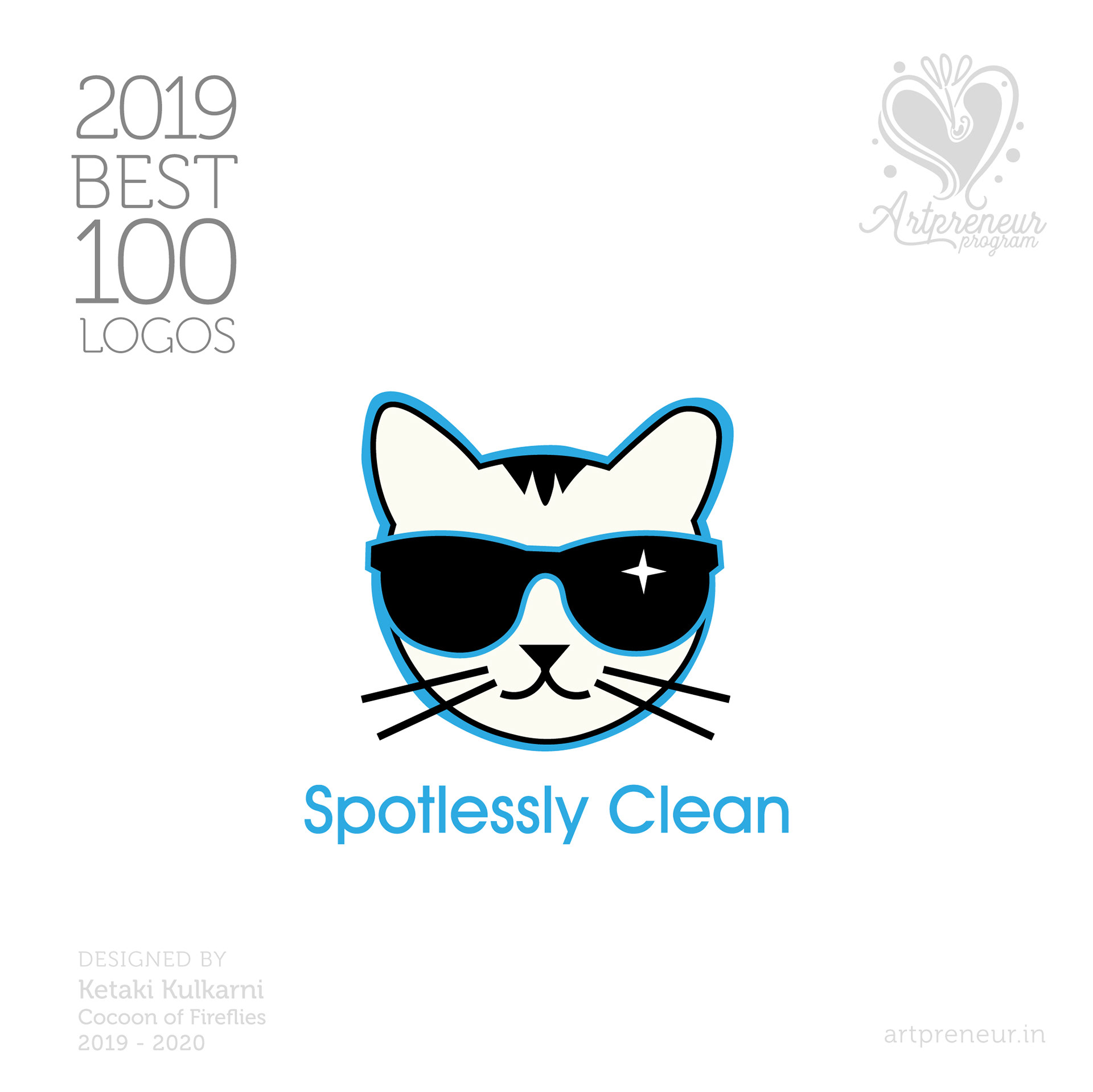 100 best logos of Atma Studios 2019: Spotlessly Clean logo of a cat with sunglasses