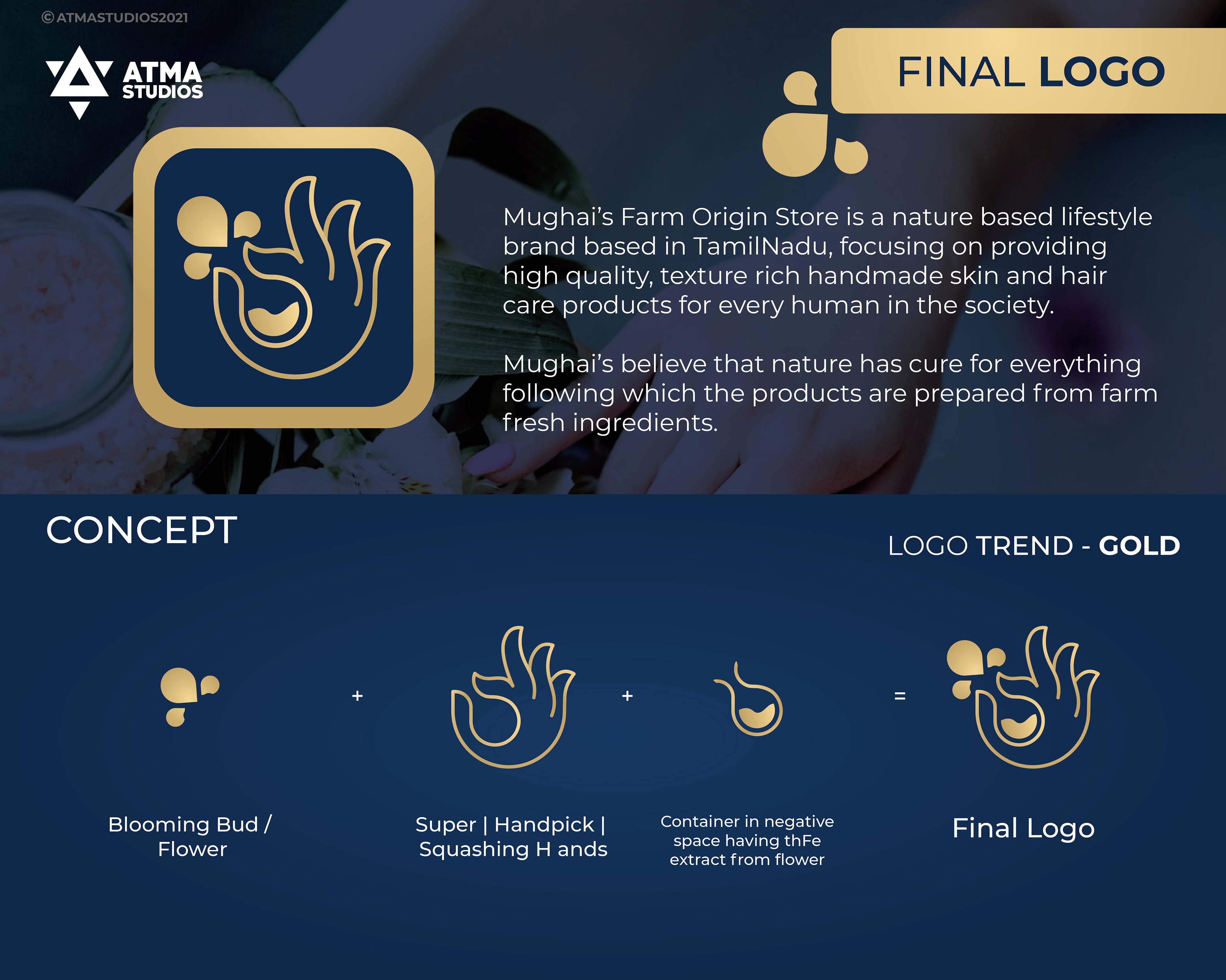 Mughai's Farm Origin Store rebranding: final logo concept breakdown: bud, hand and final mark
