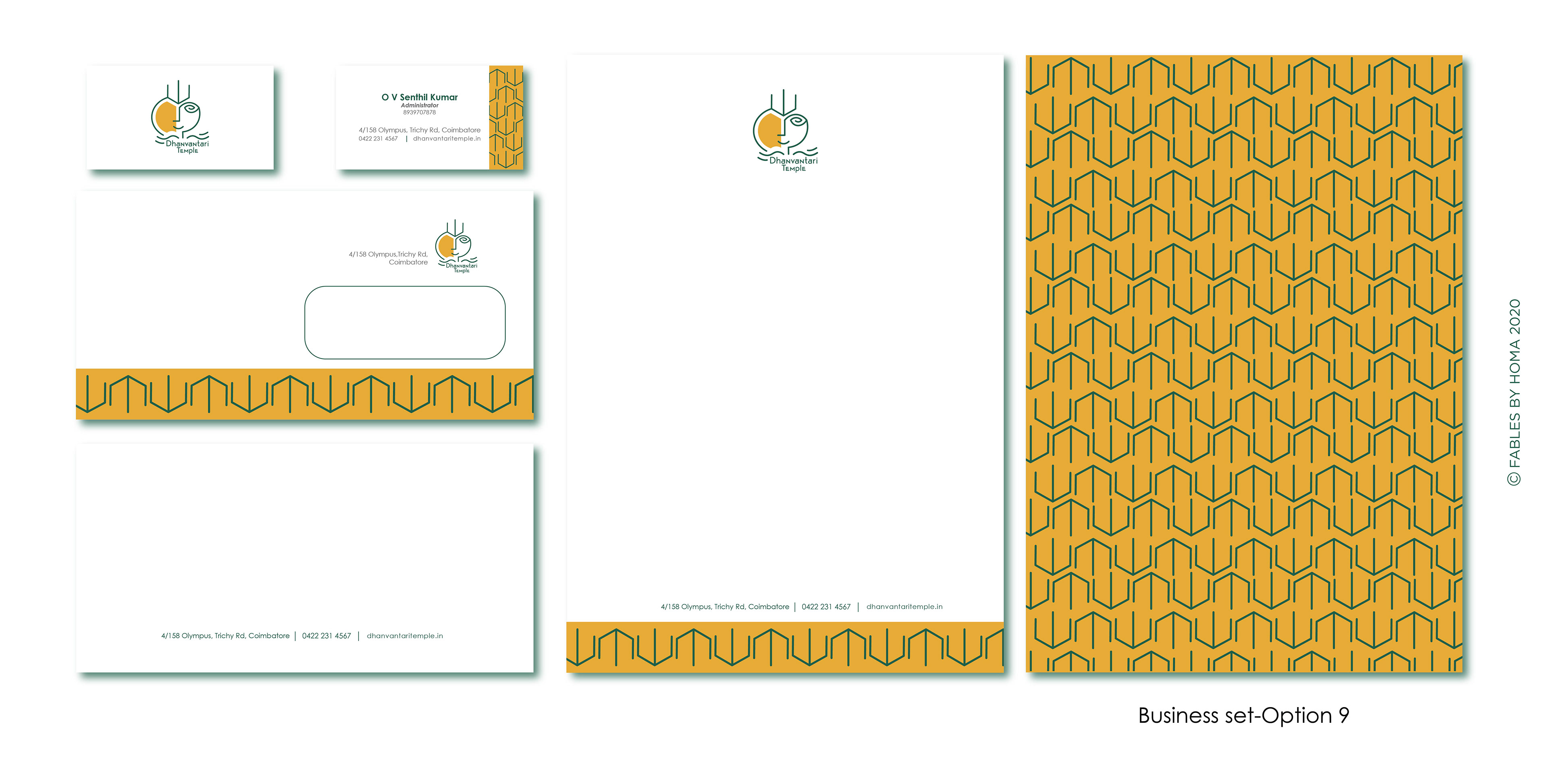 Dhanvantari Temple brand: business stationery set option 9 with letterhead, envelope and cards
