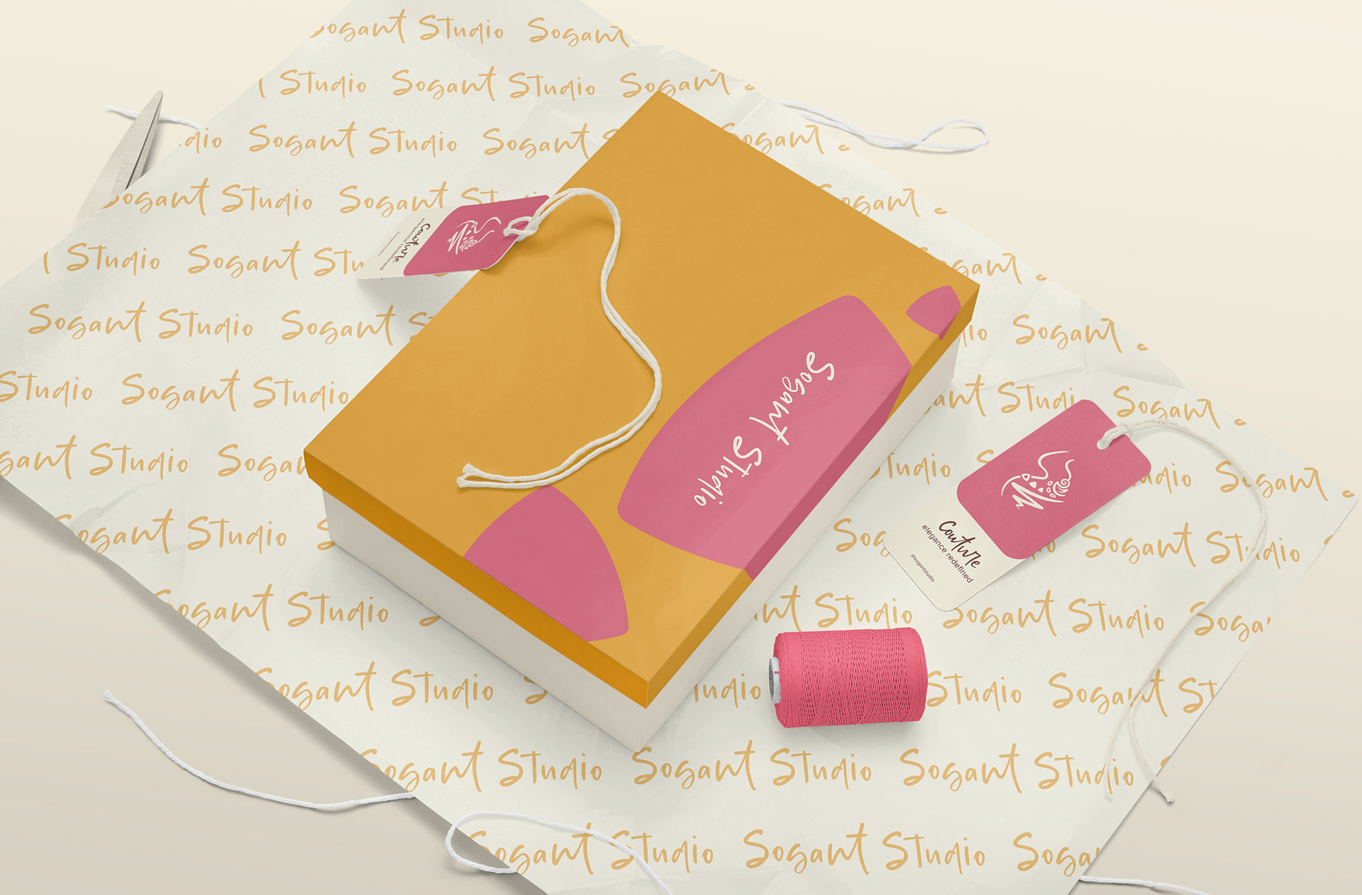 Sogant Studio couture branding: gift box and patterned tissue wrap