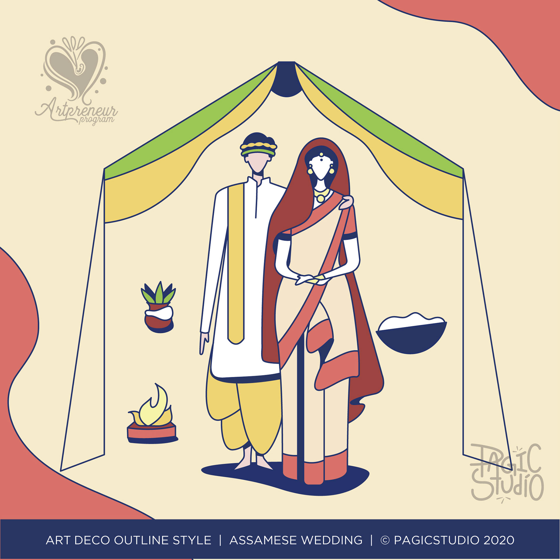 12 styles of Indian wedding couple in Art Deco outline: #1 Assamese wedding couple, Art Deco outline illustration, Atma Studios portfolio