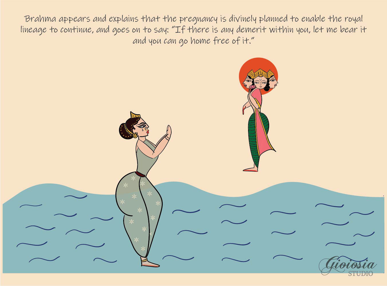 The Untold Story of Bhagiratha, illustrated mythological fiction: queen and a goddess above river waves
