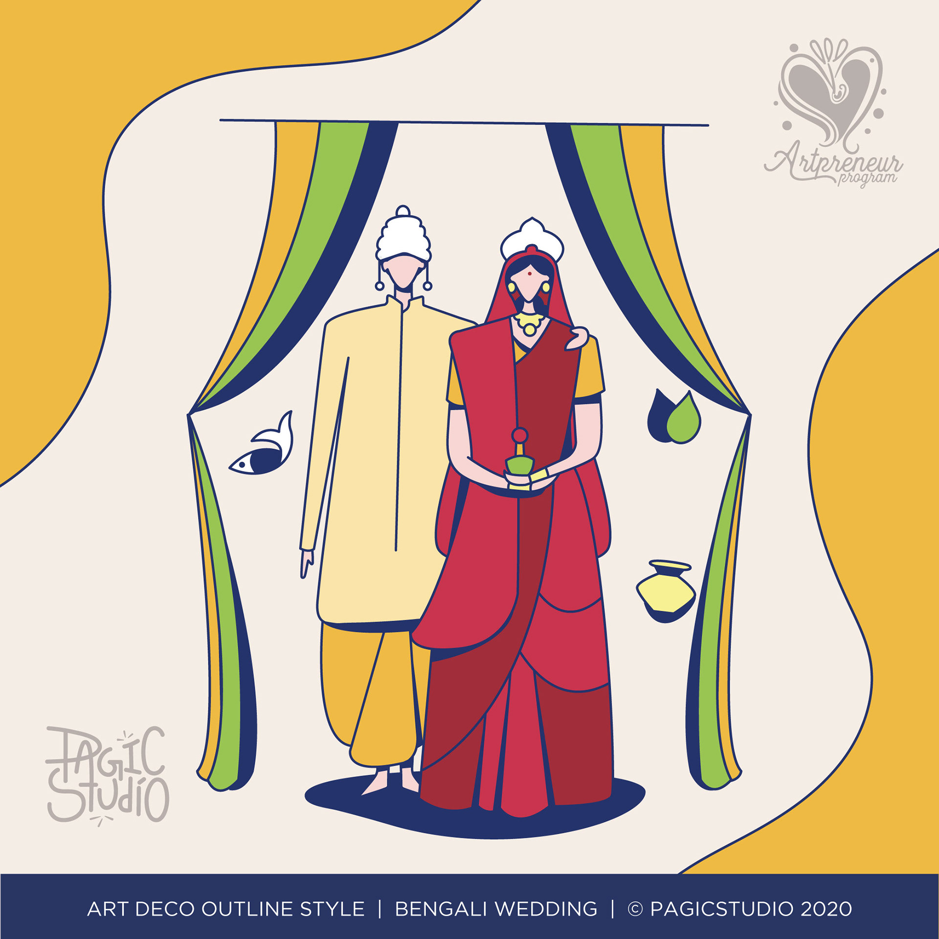 12 styles of Indian wedding couple in Art Deco outline: #2 Bengali wedding couple