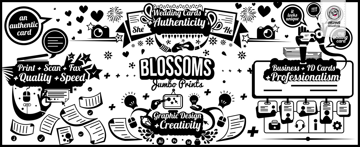 Bangalore office space interior brand illustrations: values doodle wall artwork with Blossoms lettering