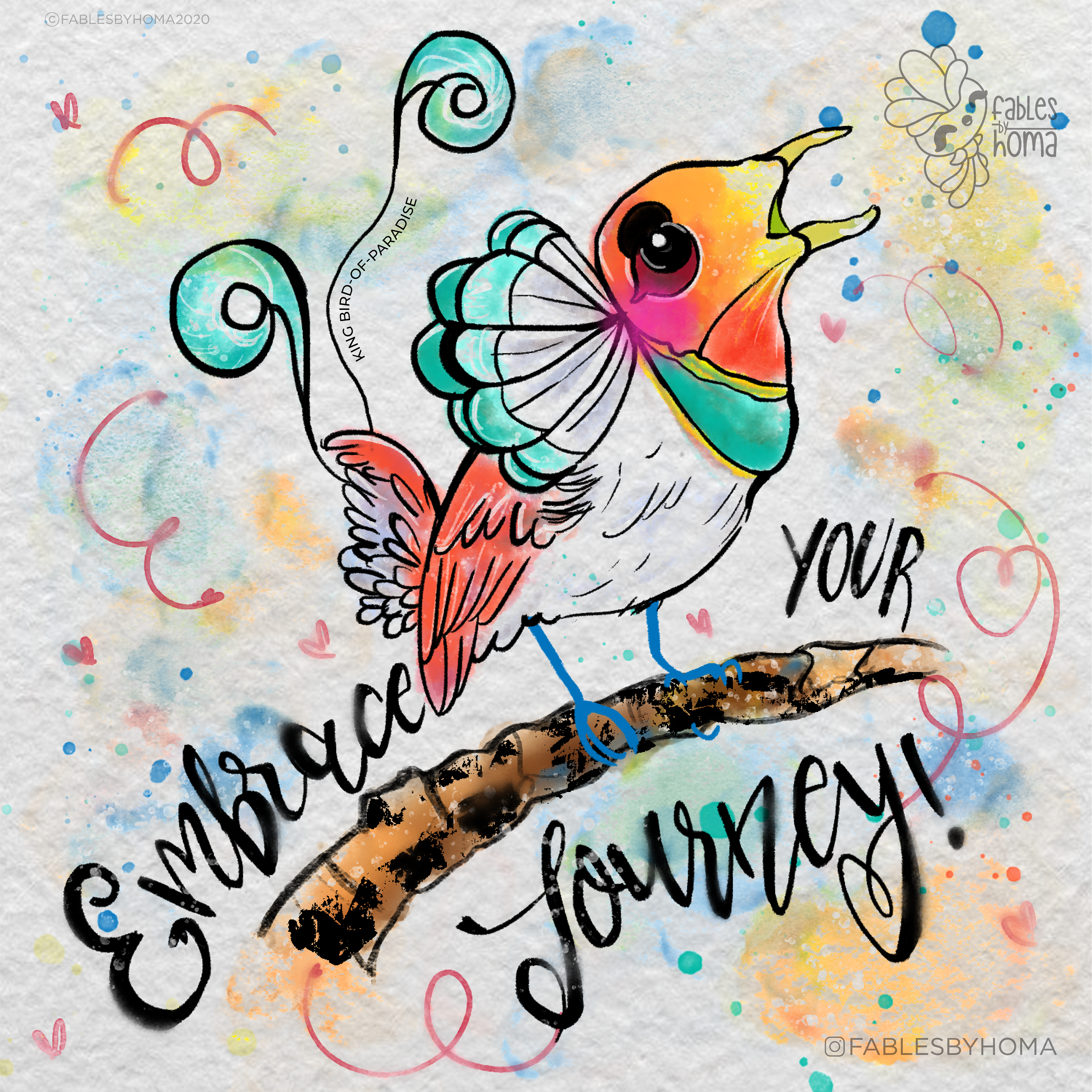 Birds of paradise watercolour illustrations: #2 "Embrace your journey" bird