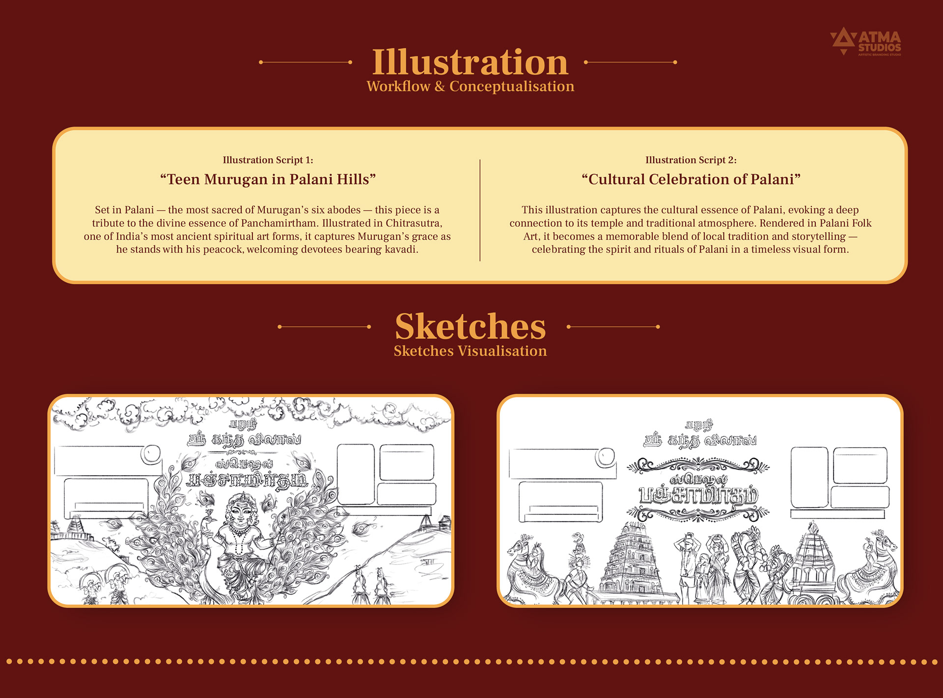 Sri Kanda Vilas Panchamirtham package design: illustration themes and label sketches for the first series