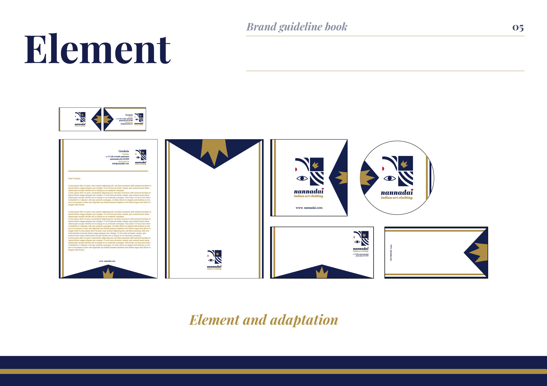 Nannadai Indian art clothing brand guideline book: brand element adaptation on stationery, option one