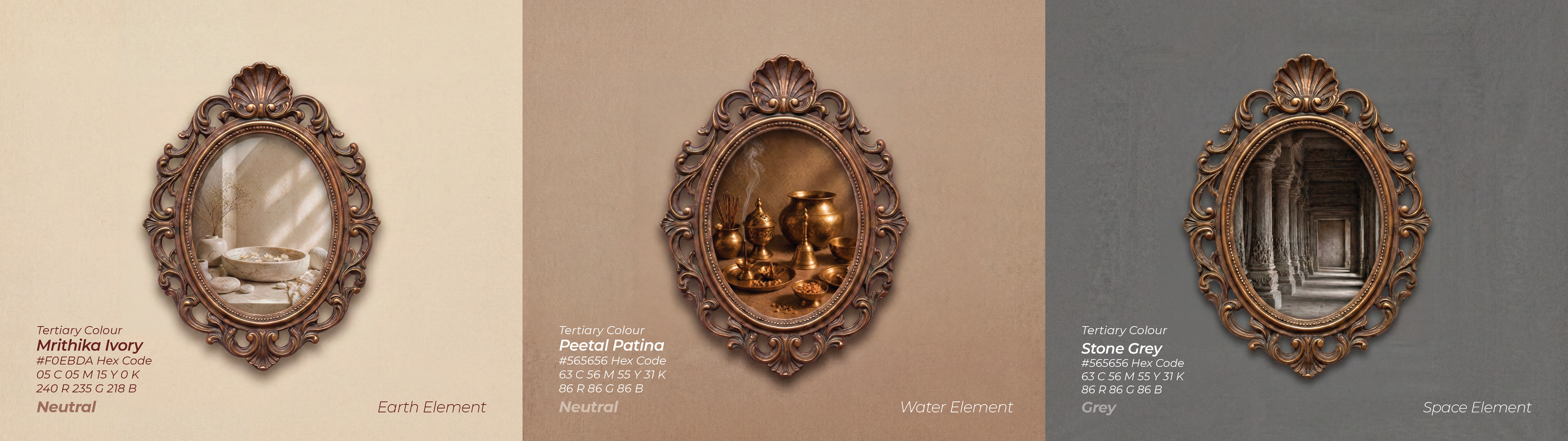 Ritualistic mindful essentials brand: colour palette of ivory, beige and grey with framed mirrors