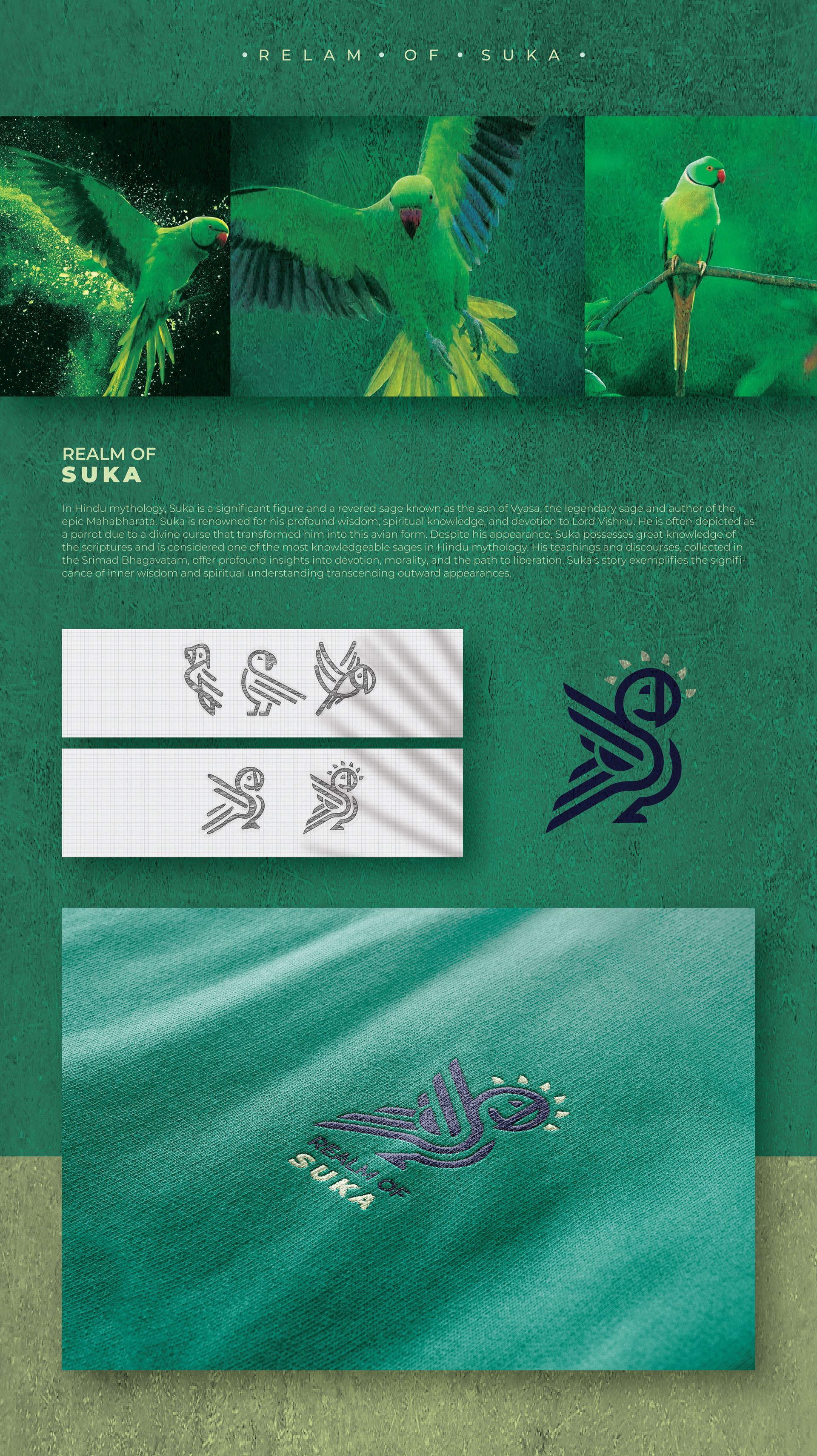 Artpreneur program sub-brand logo set inspired by Indian mythical creatures: realm of Suka: parrot references, sketches and the final line logo on fabric