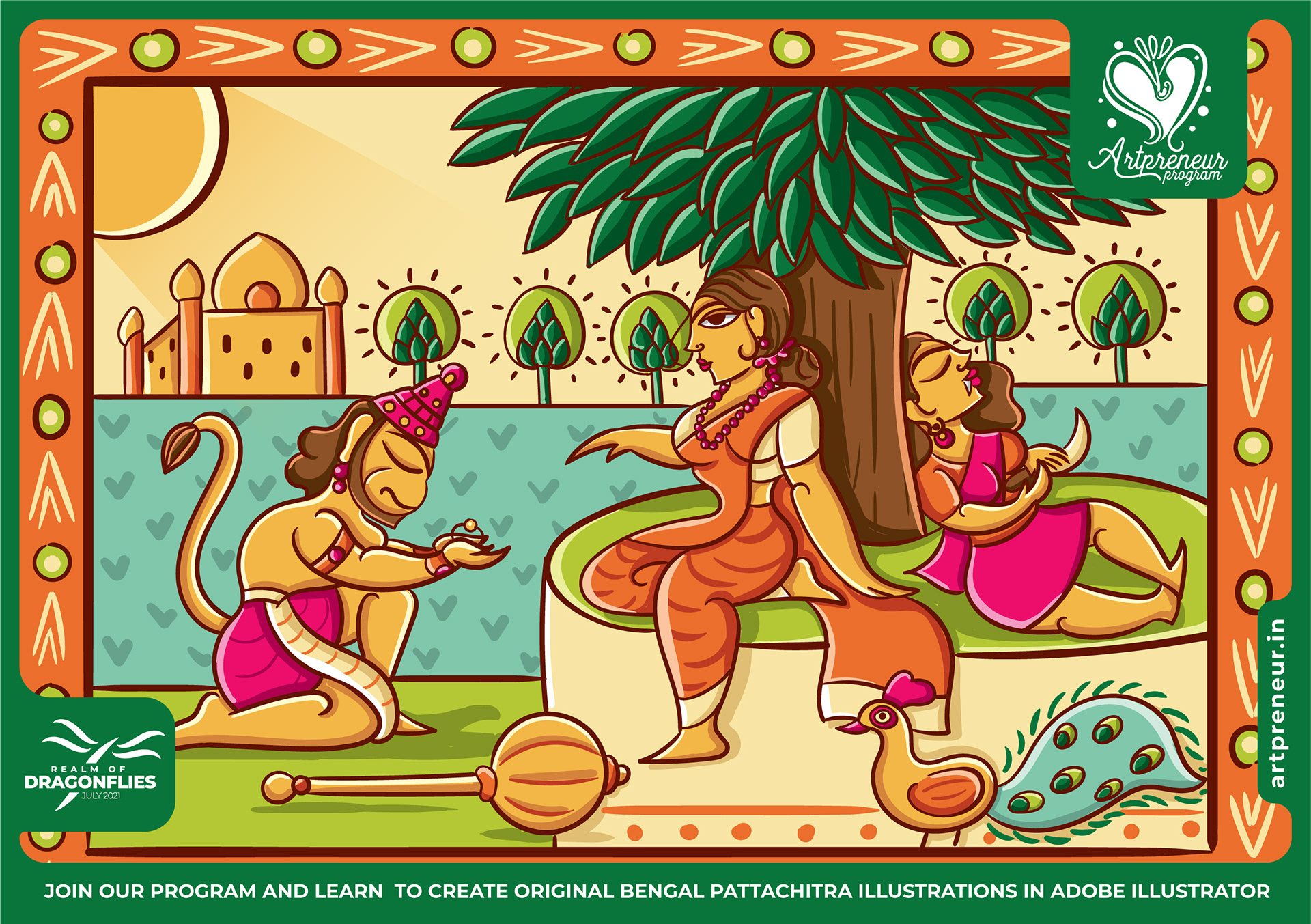 50 Bengal Pattachitra Indian folk illustrations: #3 Sages and devotees under a tree