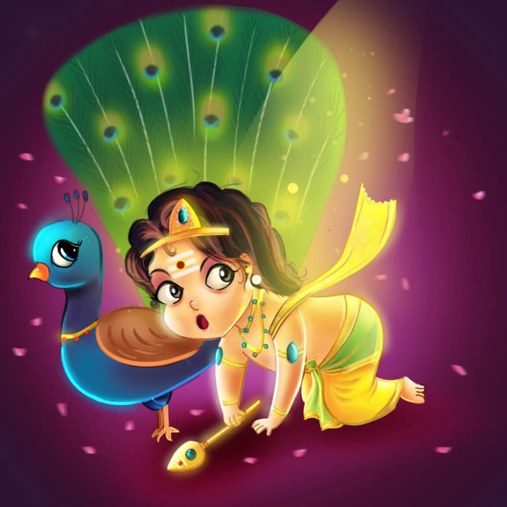 Experimental illustrations 2020: #3 Little Krishna with a peacock