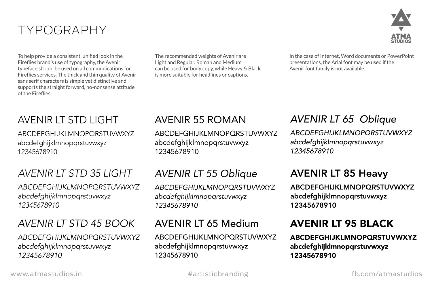 Fireflies brand typography sheet showing the Avenir font family
