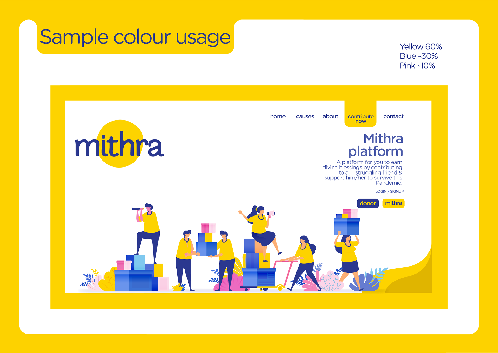 Mithra donation platform brand guidelines: sample colour usage on the website home page