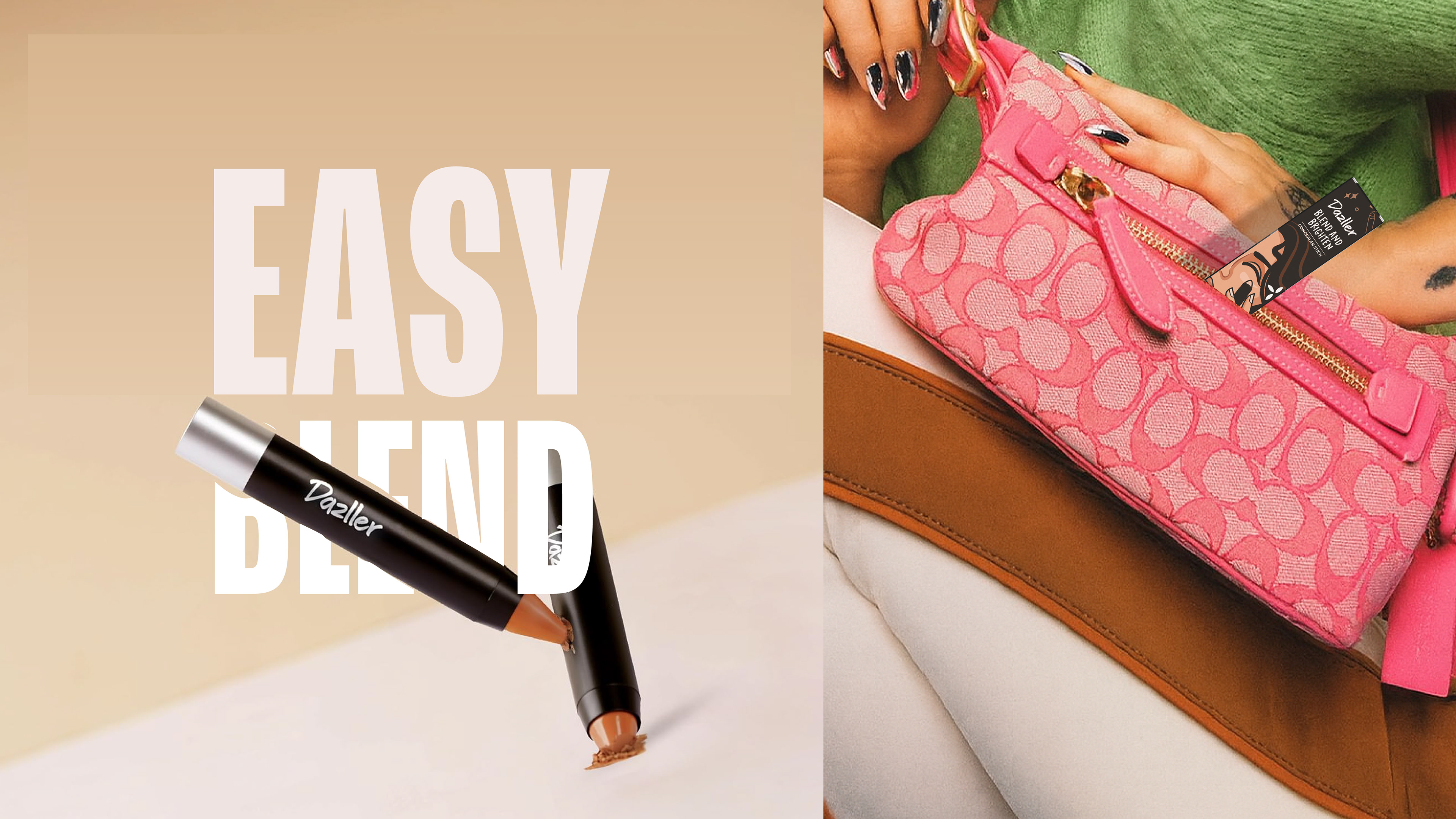 Dazller foundation stick packaging: Easy Blend lettering with the foundation stick and a pink handbag