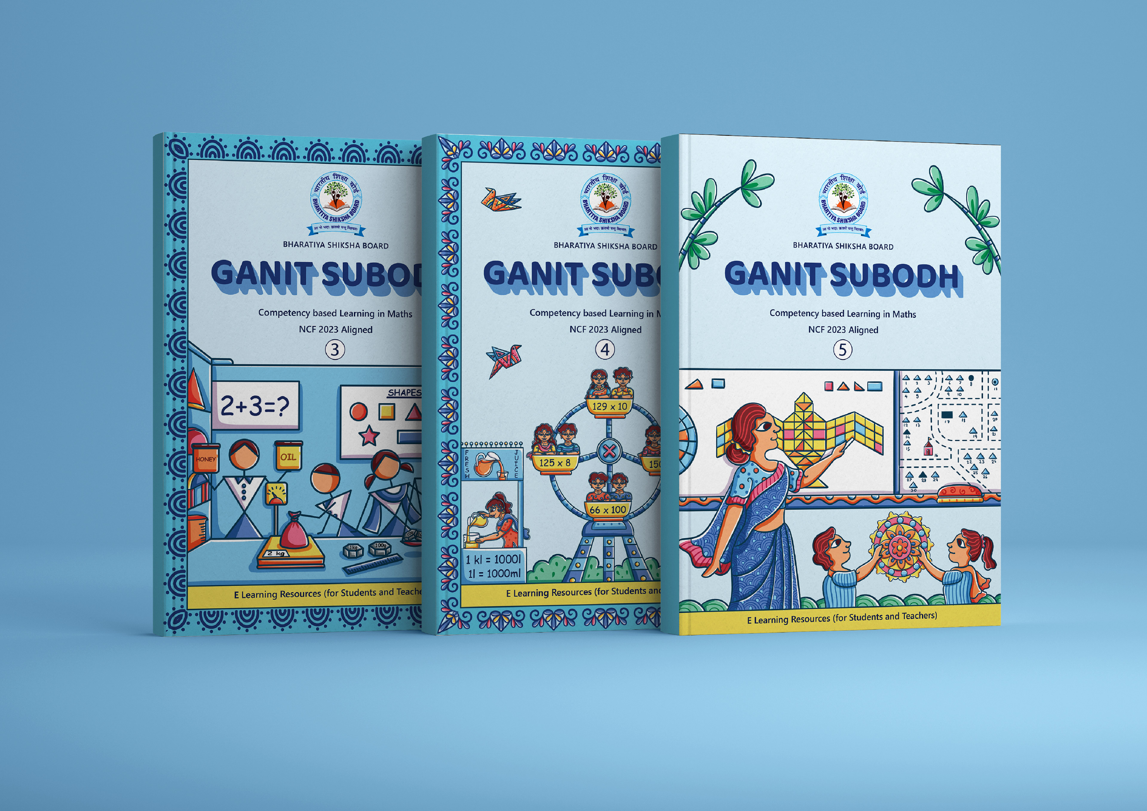 Bhartiya Shiksha Board textbook covers in Indian folk art: three Ganit Subodh maths textbook covers on blue