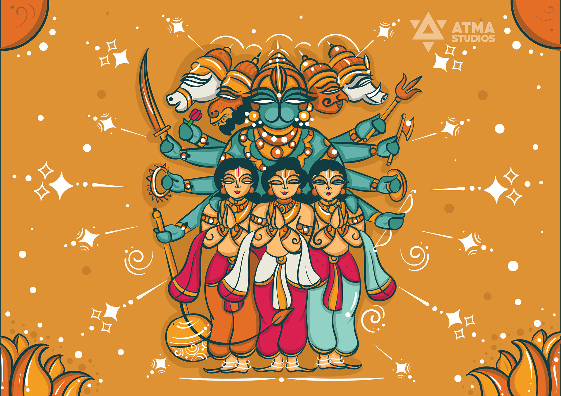Hanuman Chalisa children's book: illustration of Hanuman with ten-headed Ravana and brothers