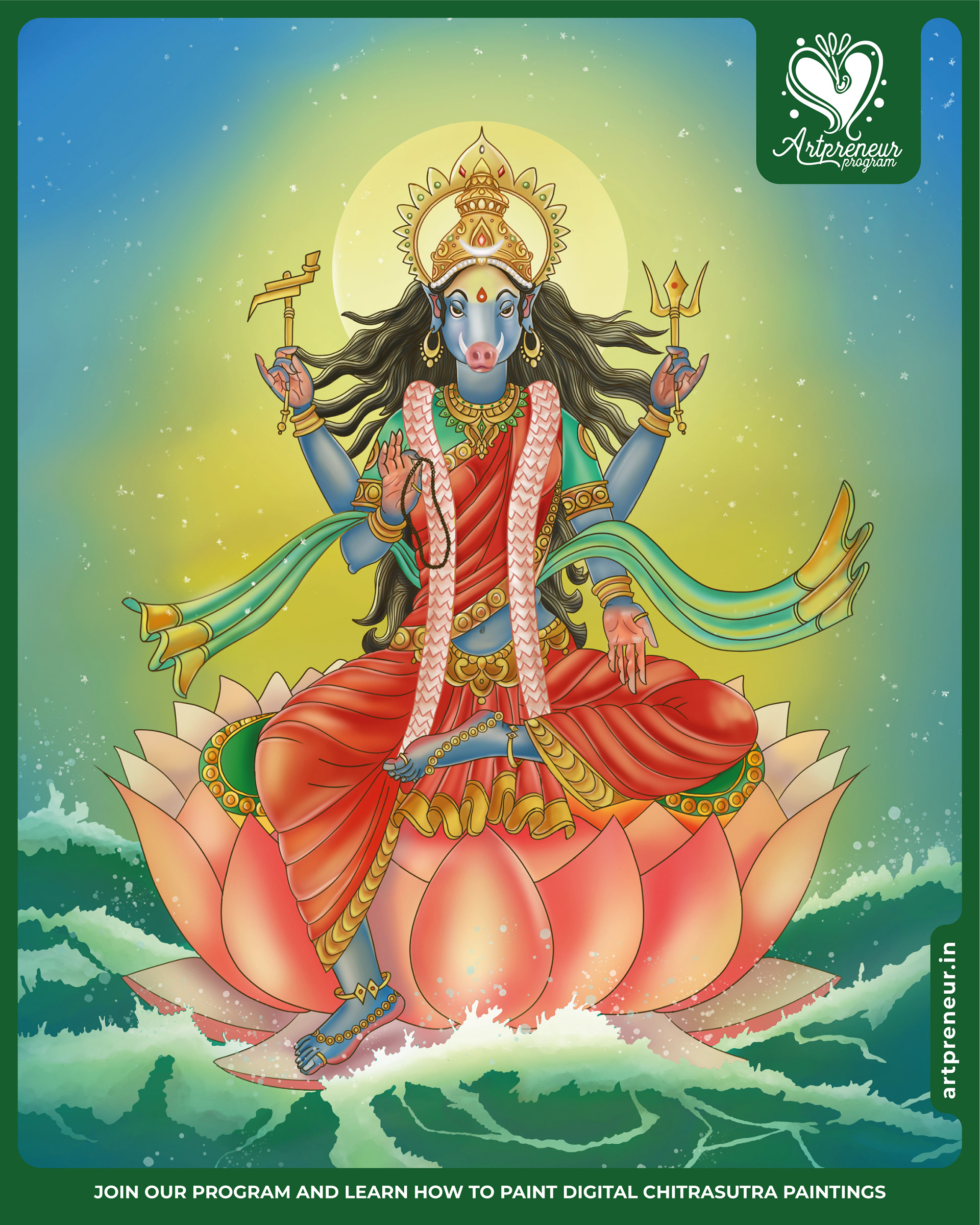 13 divine Chitrasutra illustrations collective 2021-22: #7 Goddess on a lotus rising from the sea