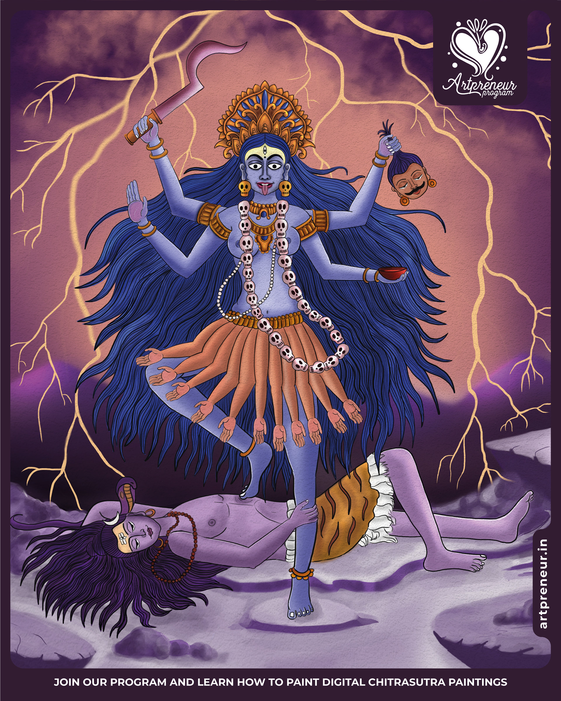 13 divine Chitrasutra illustrations collective 2021-22: #12 Goddess Kali in a lightning storm