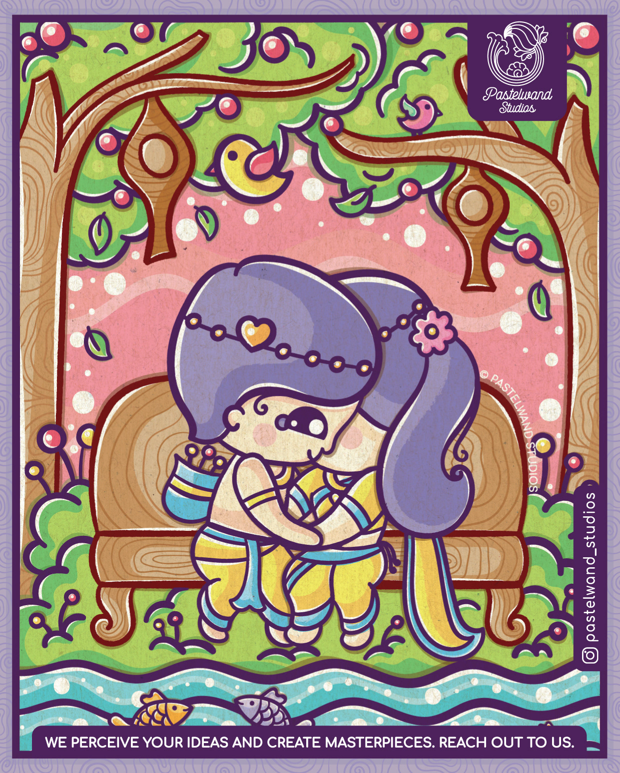 Kawaii love edition, Journey of Tutti Frutti: cute couple sitting on a bench by a stream